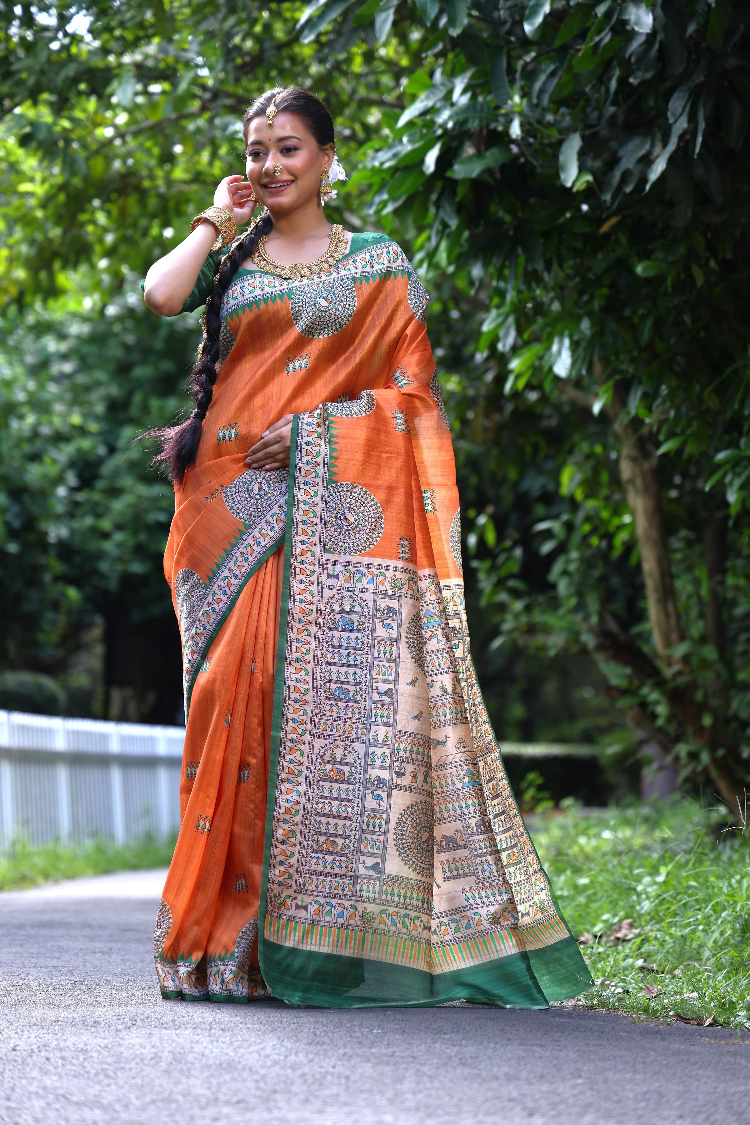 Orange Soft Tussar Silk Madhubani and Warli Printed Saree