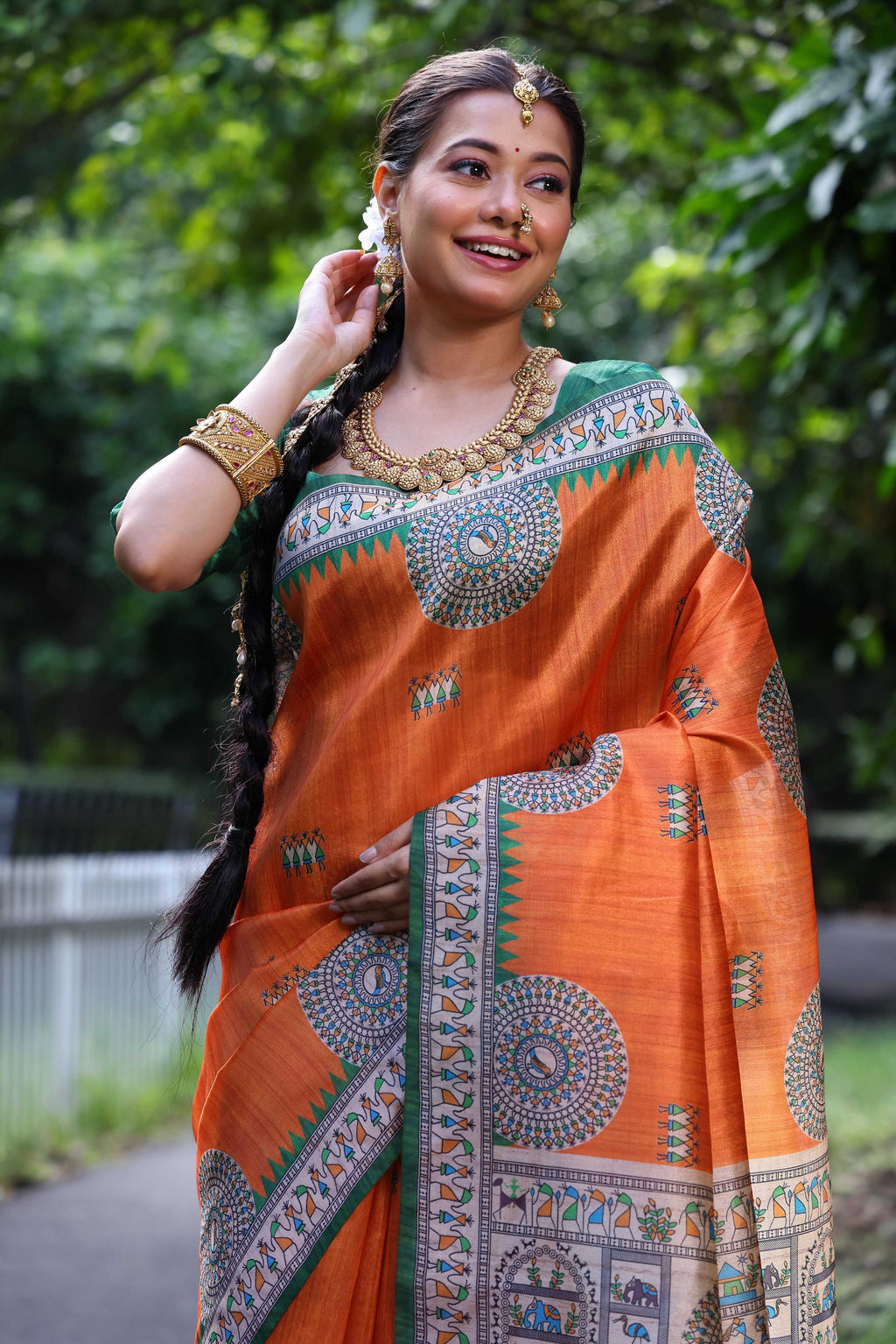 Orange Soft Tussar Silk Madhubani and Warli Printed Saree