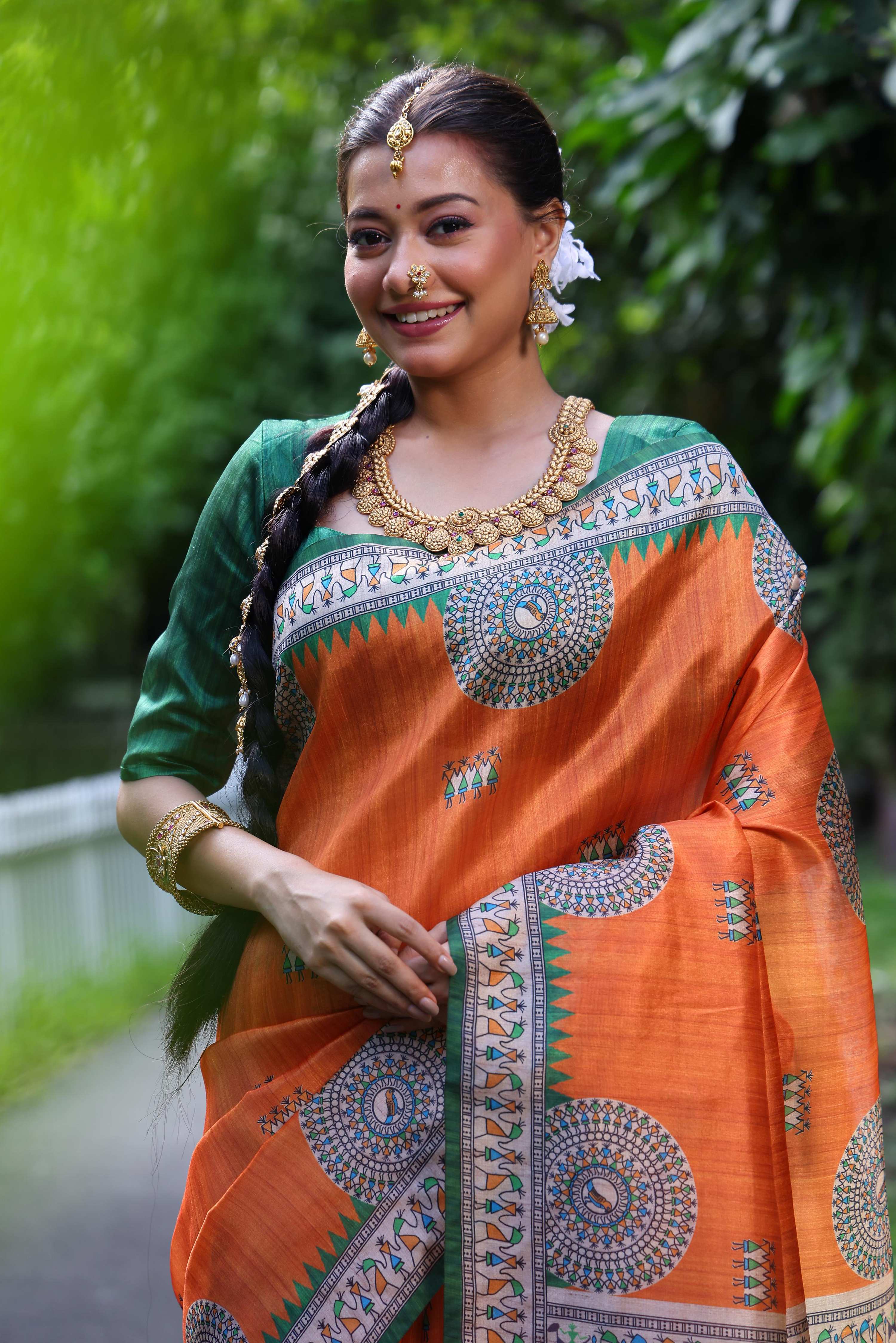 Orange Soft Tussar Silk Madhubani and Warli Printed Saree