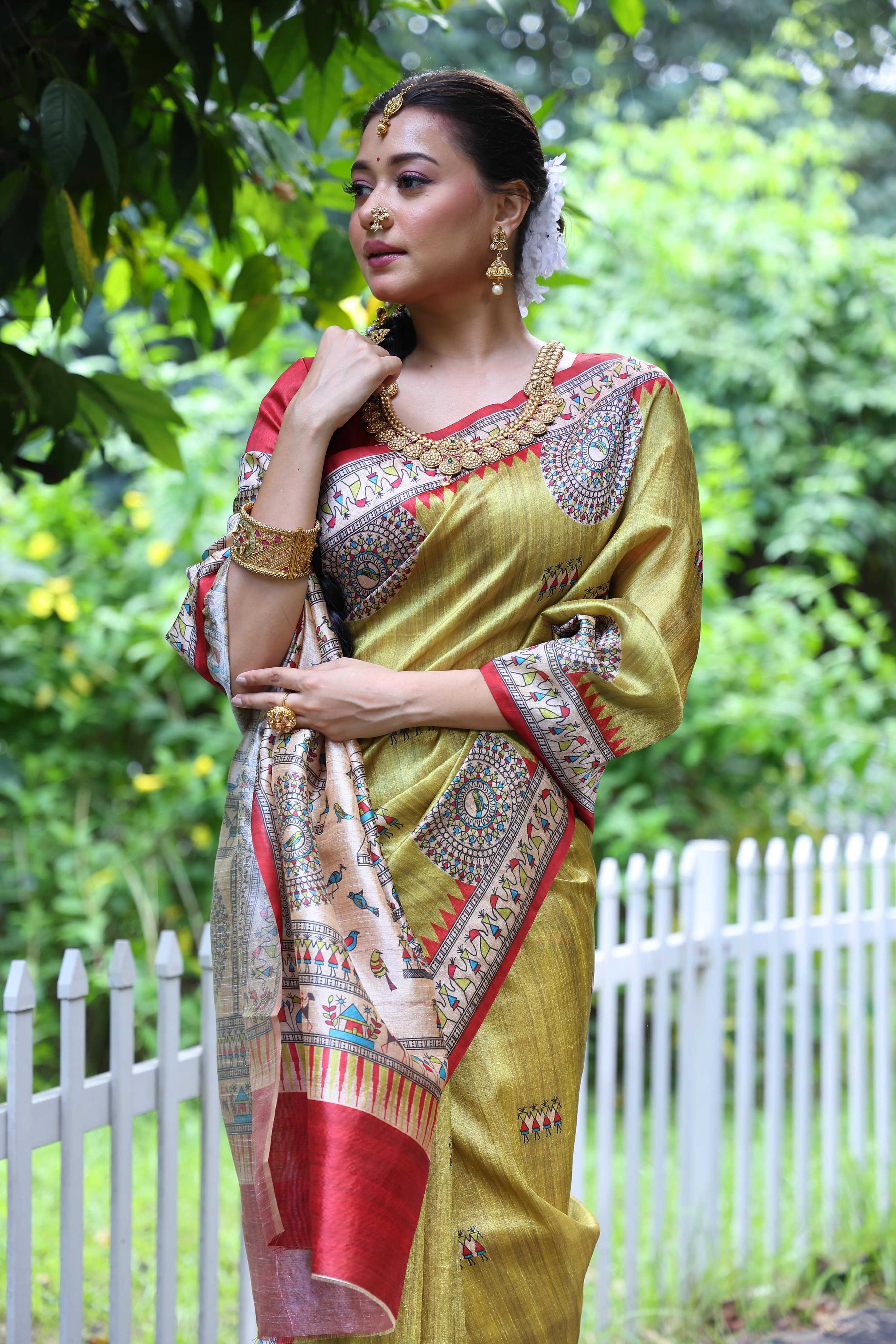 Jyoti Fashion Women's Green Soft Tussar Silk Printed Designer Saree with Blouse
