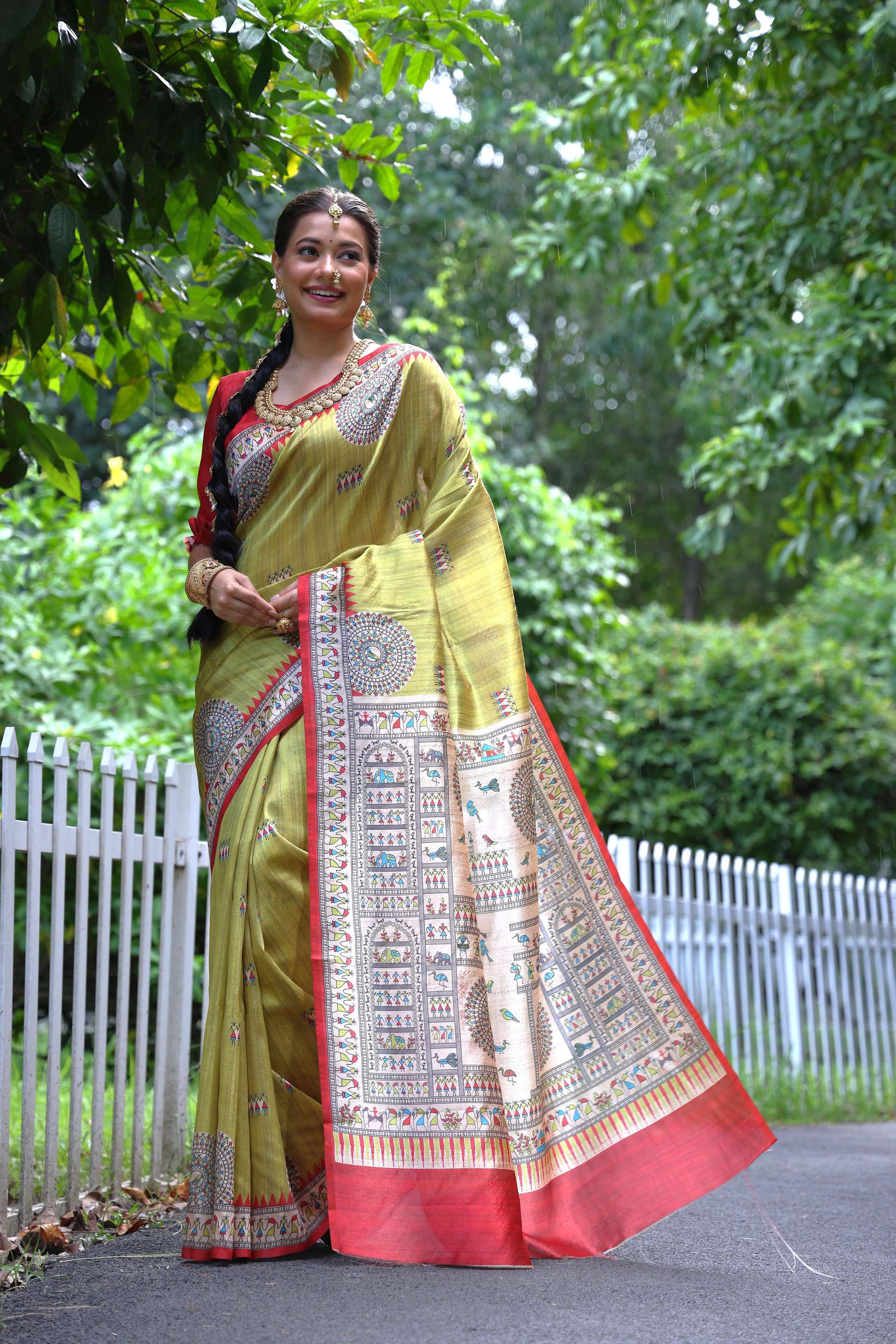 Jyoti Fashion Women's Green Soft Tussar Silk Printed Designer Saree with Blouse