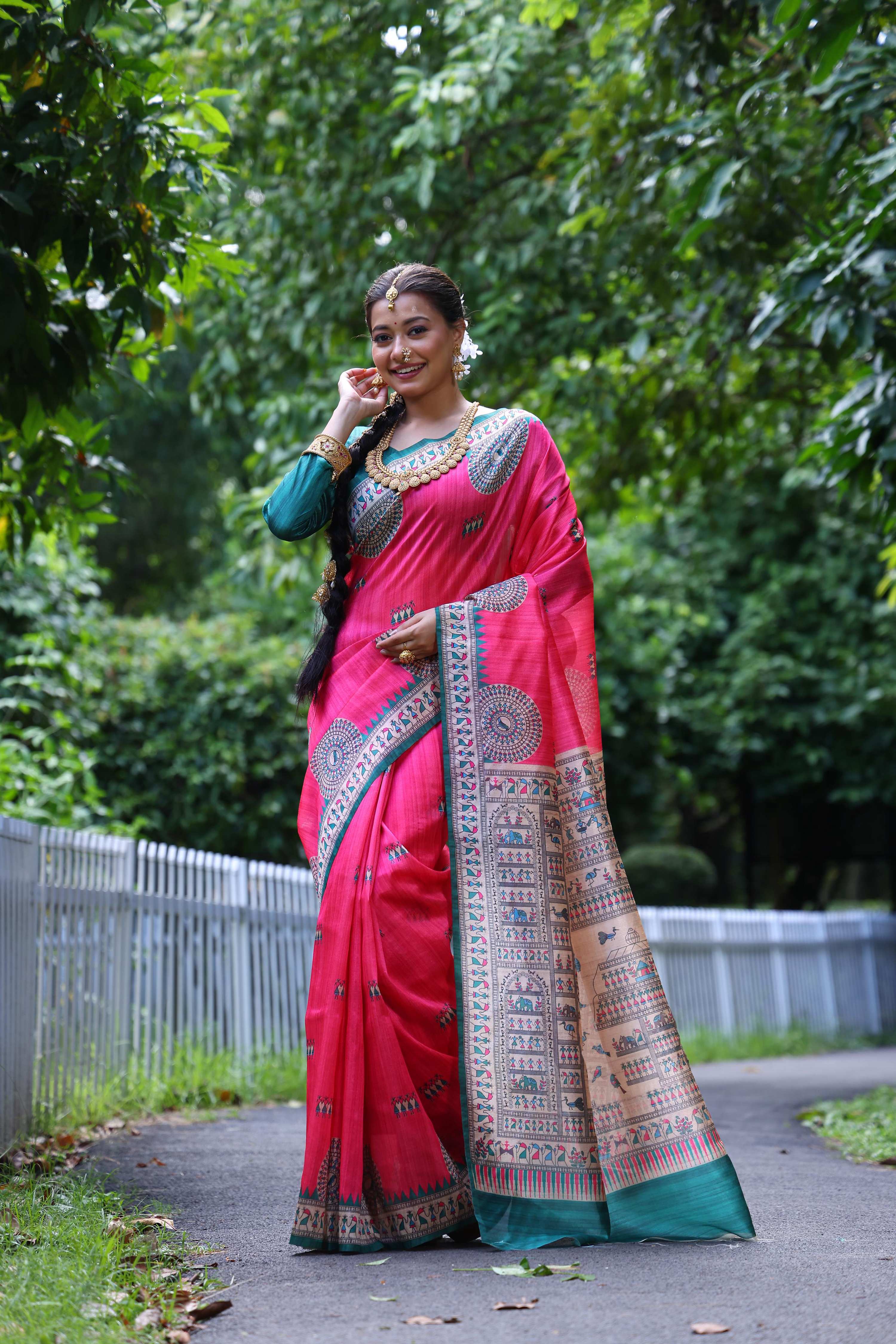 Women's Pink Soft Tussar Silk Saree with Madhubani & Warli Print