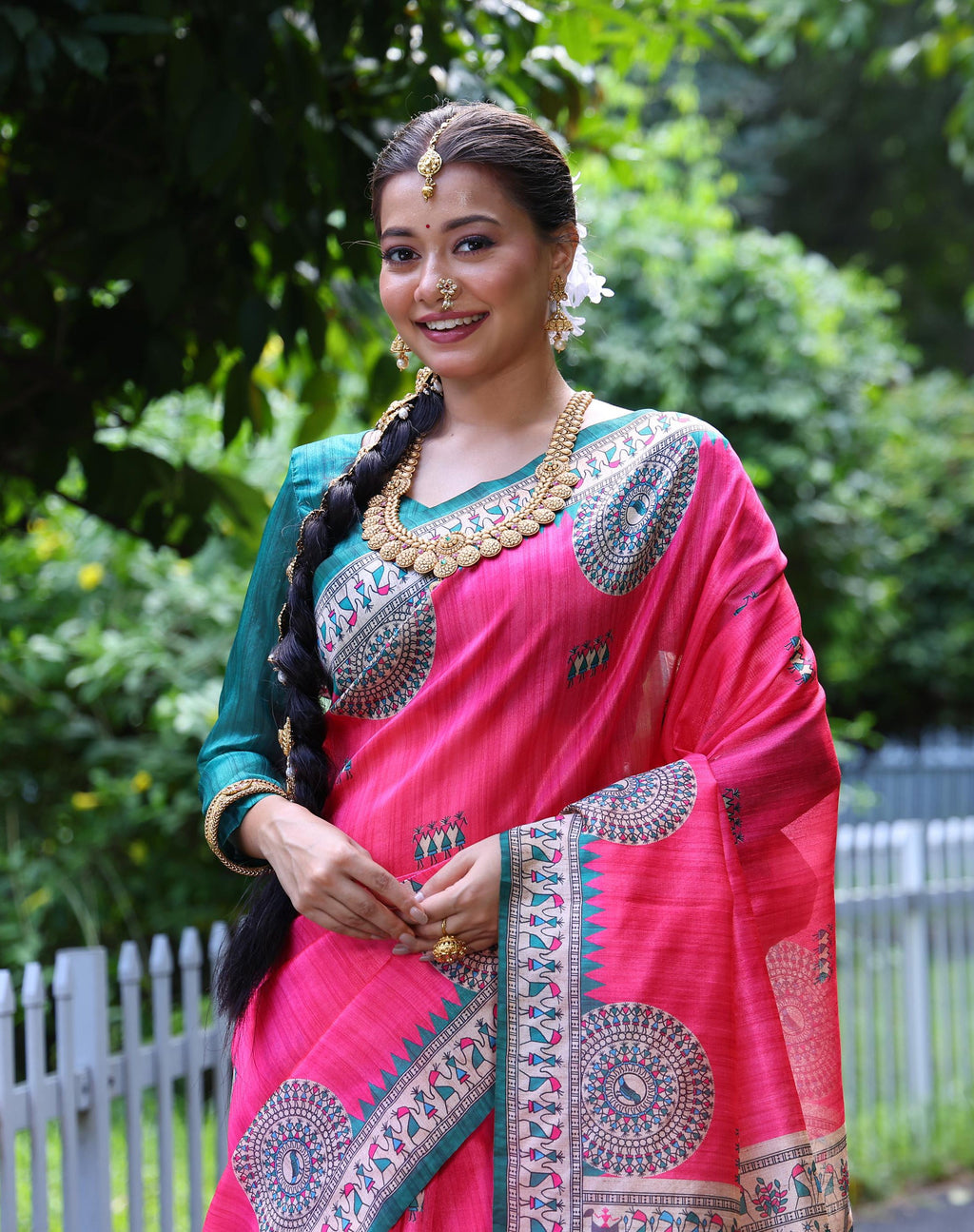 Women's Pink Soft Tussar Silk Saree with Madhubani & Warli Print