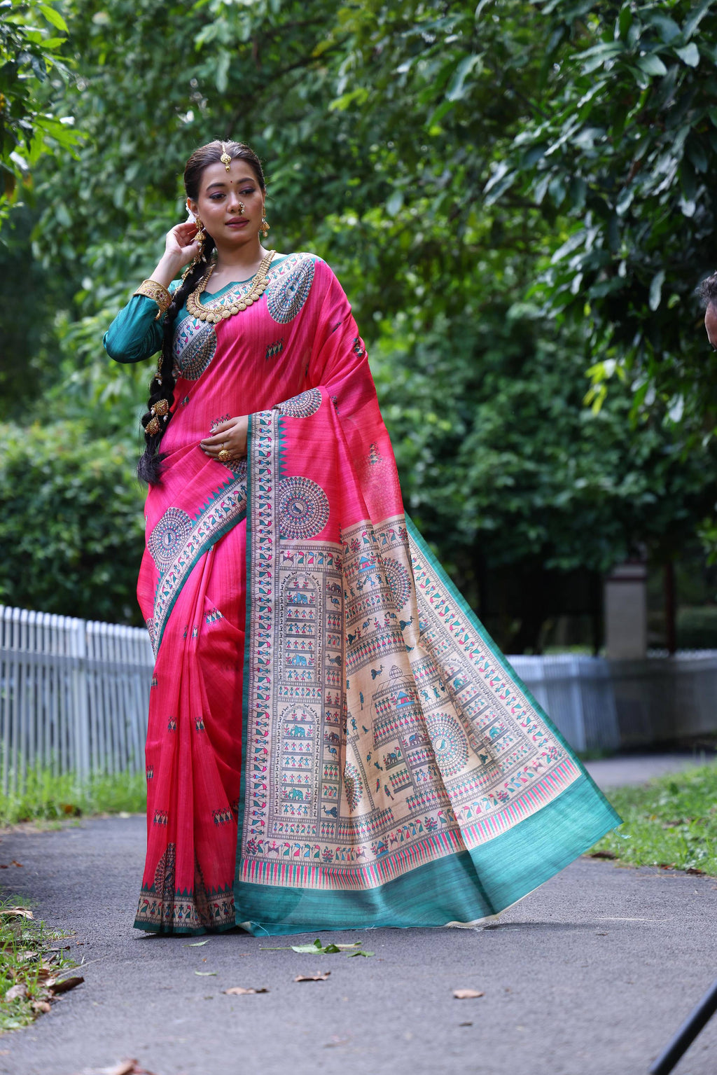 Pink soft tussar silk saree with traditional Madhubani and Warli print motifs