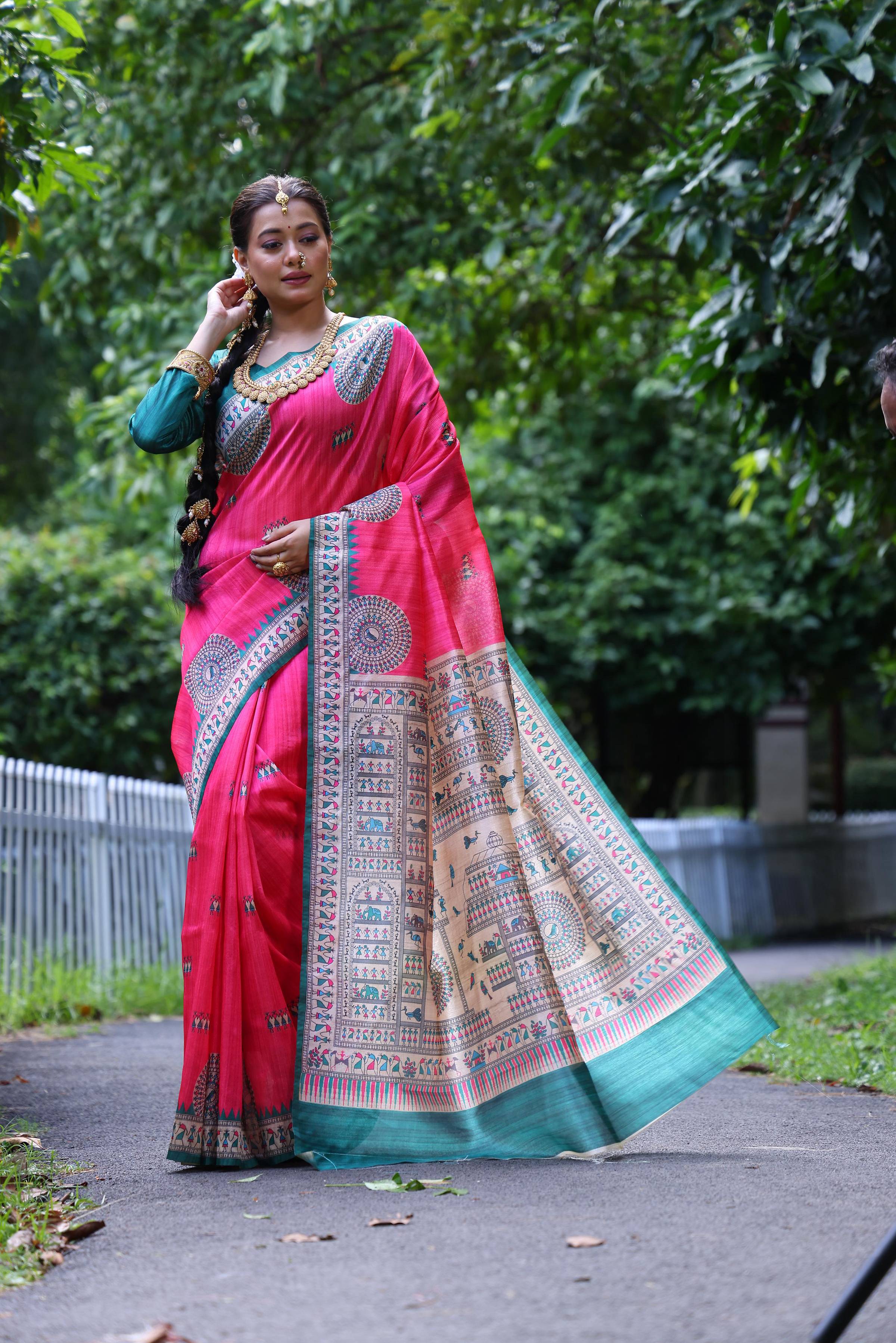 Pink soft tussar silk saree with traditional Madhubani and Warli print motifs