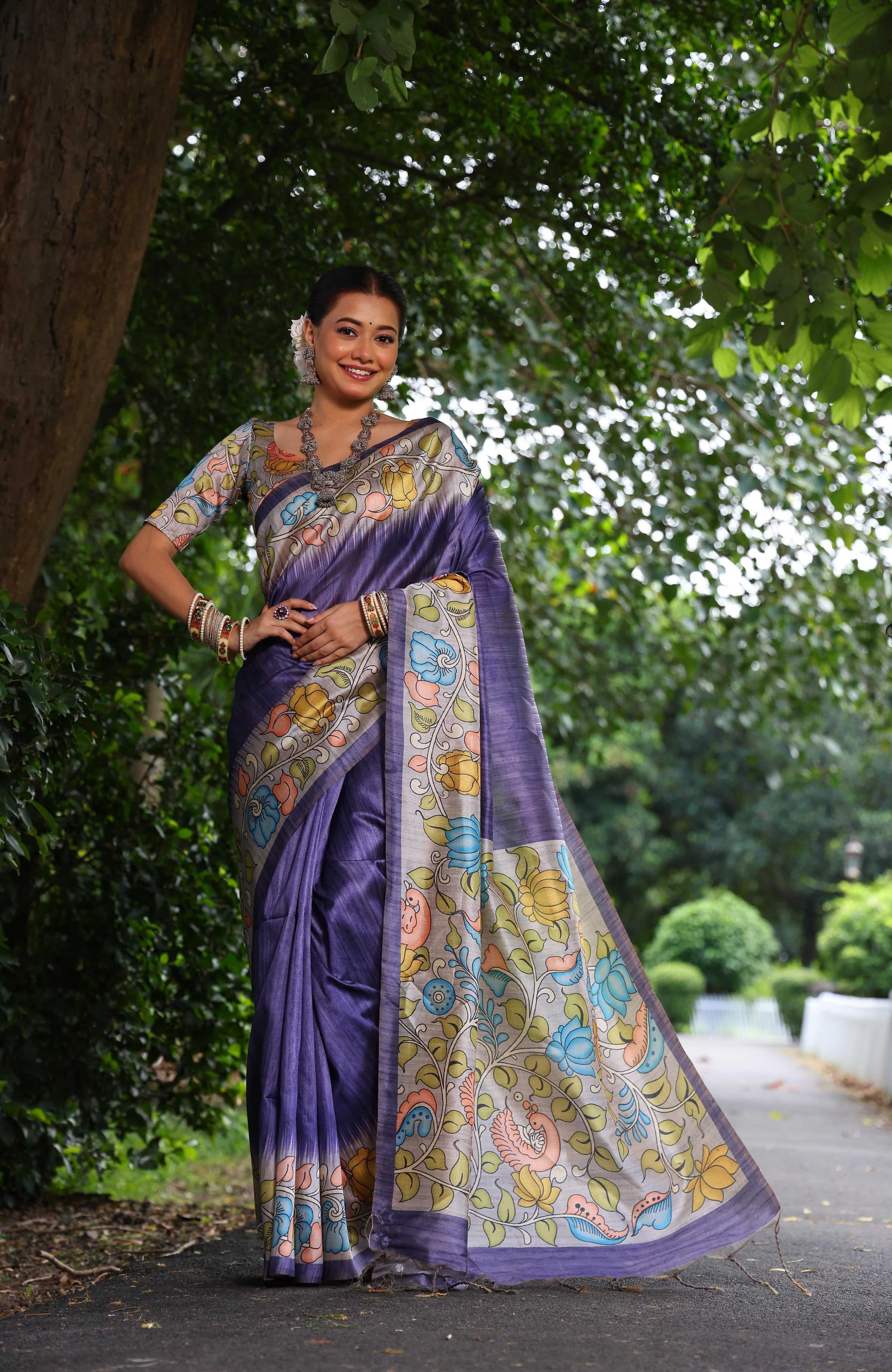 Purple Soft Tussar Silk Saree with Traditional Kalamkari Print