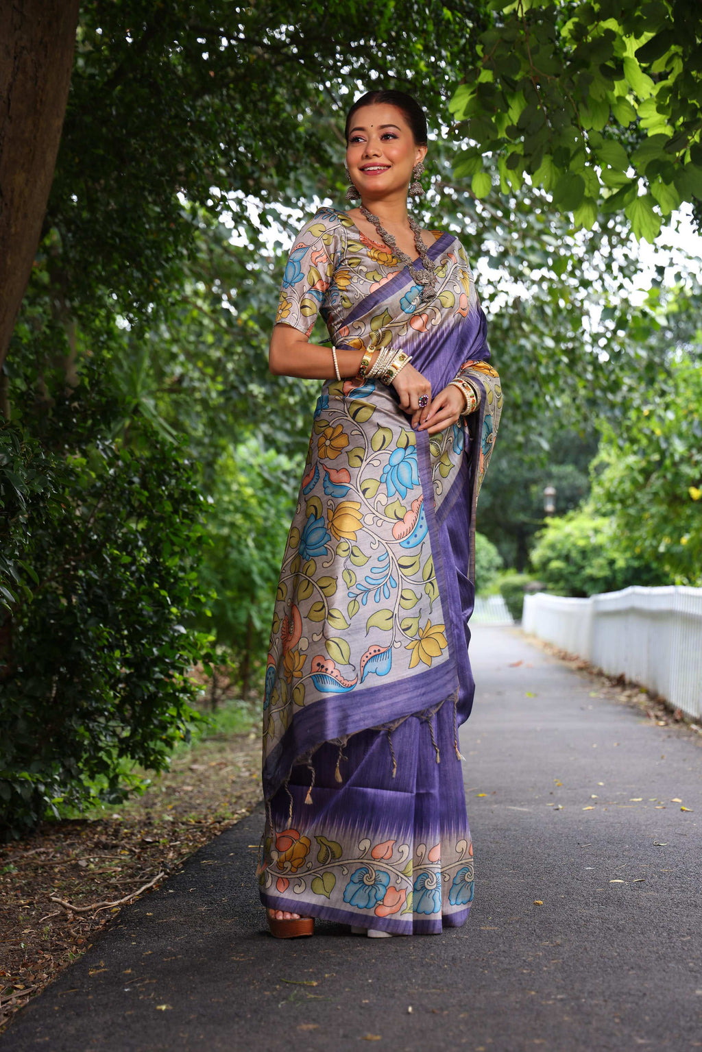 Purple Soft Tussar Silk Saree with Traditional Kalamkari Print