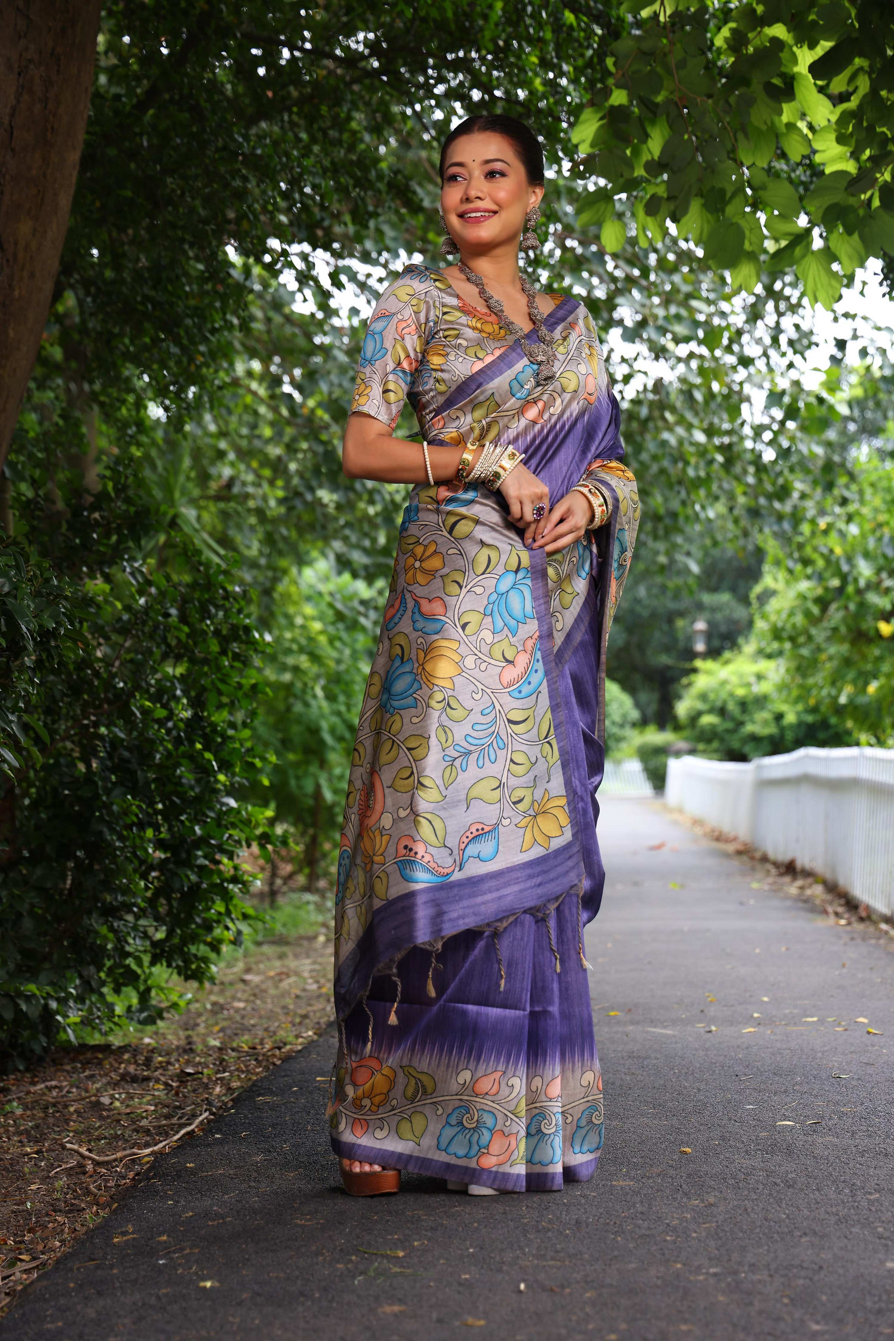 Purple Soft Tussar Silk Saree with Traditional Kalamkari Print