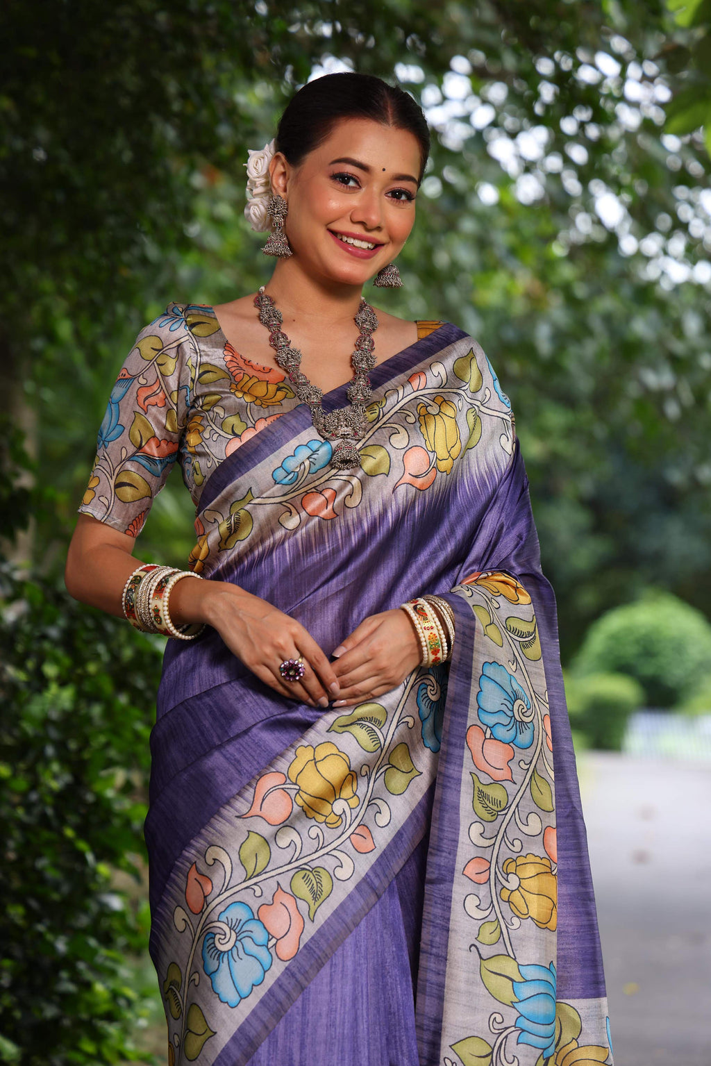 Purple Soft Tussar Silk Saree with Traditional Kalamkari Print