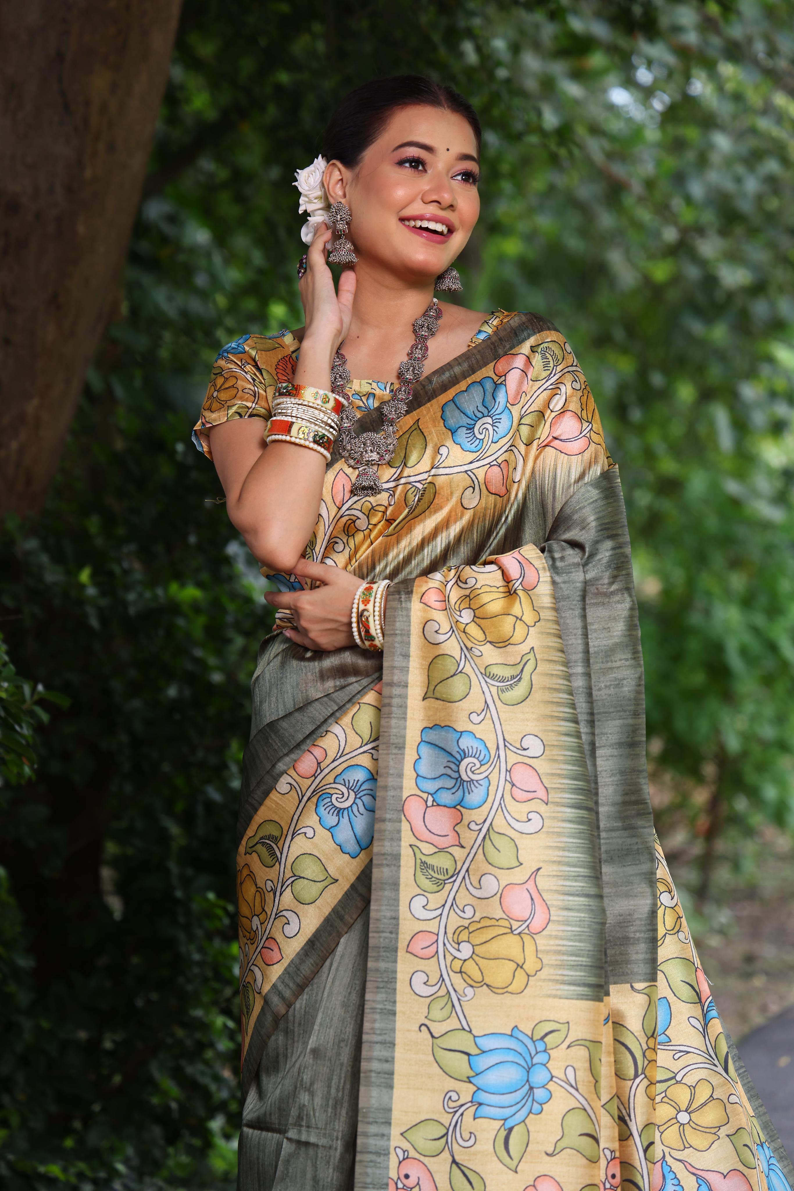 Grey Soft Tussar Silk Saree with Kalamkari Prints