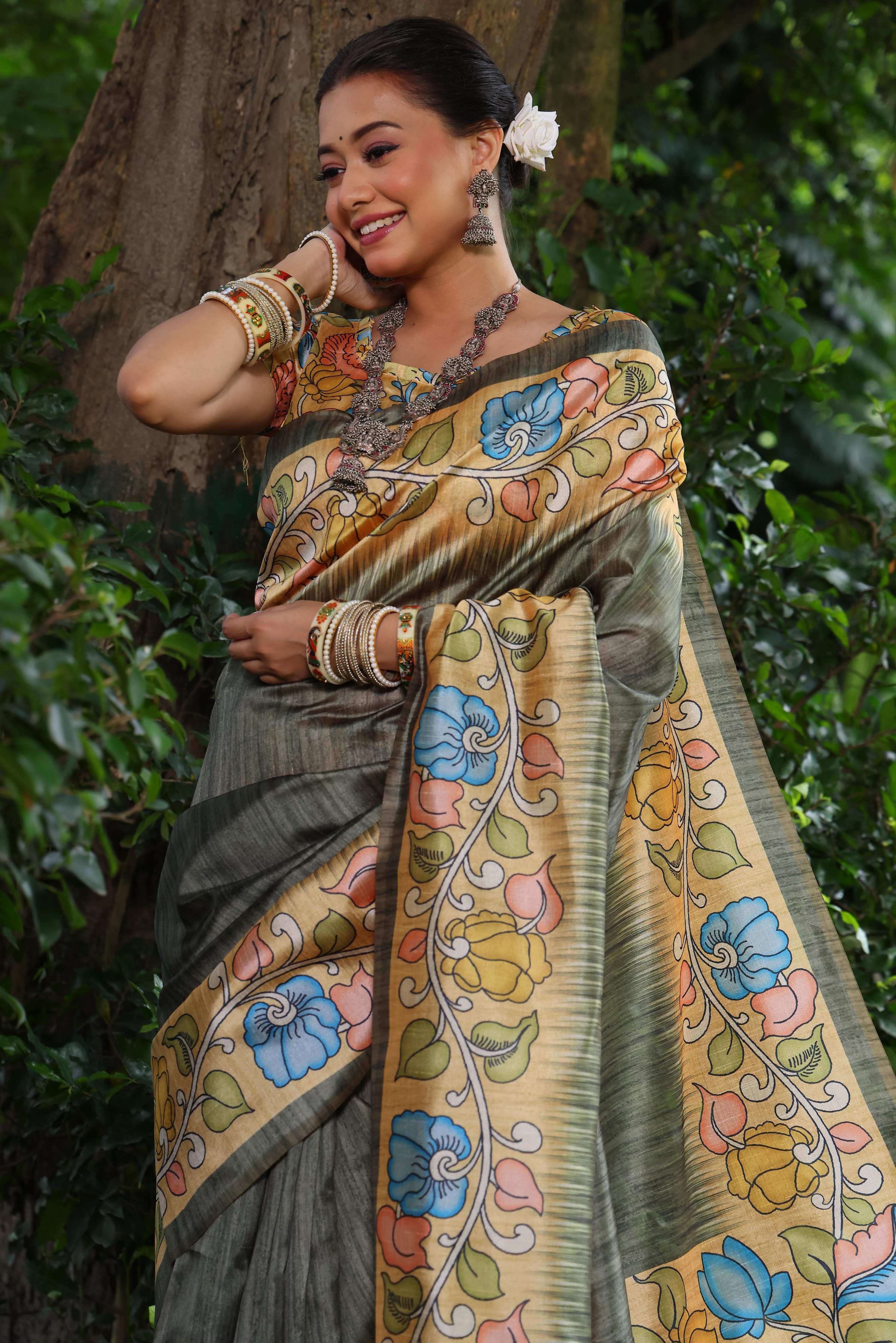 Grey Soft Tussar Silk Saree with Kalamkari Prints
