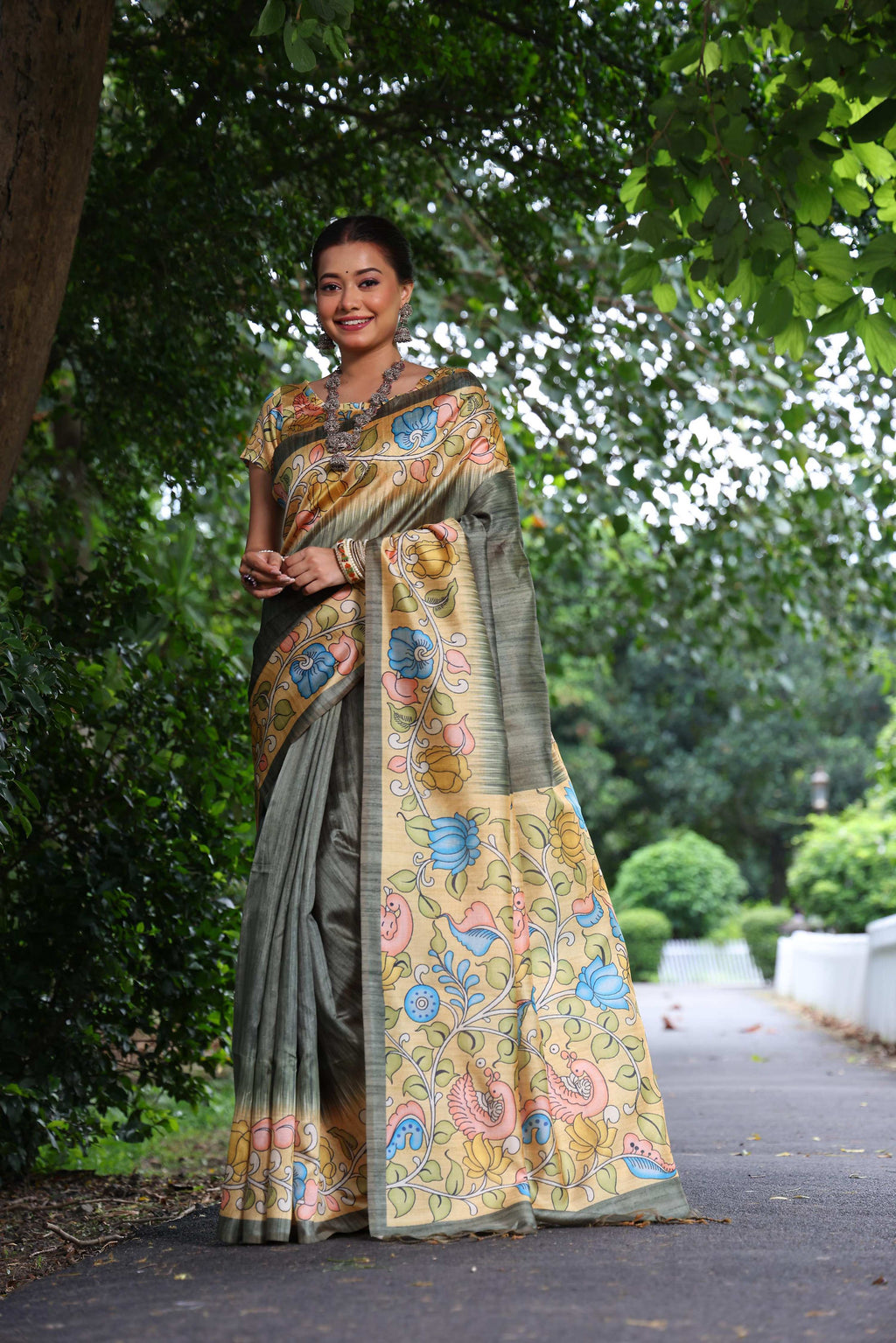 Grey soft Tussar silk designer saree with intricate Kalamkari prints