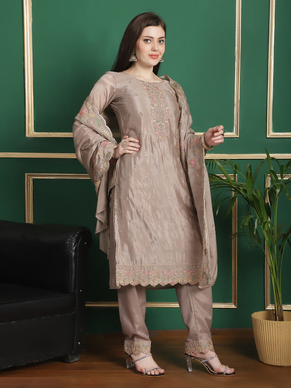 Beige Chinon Chiffon Straight Suit Set with Floral Embroidery