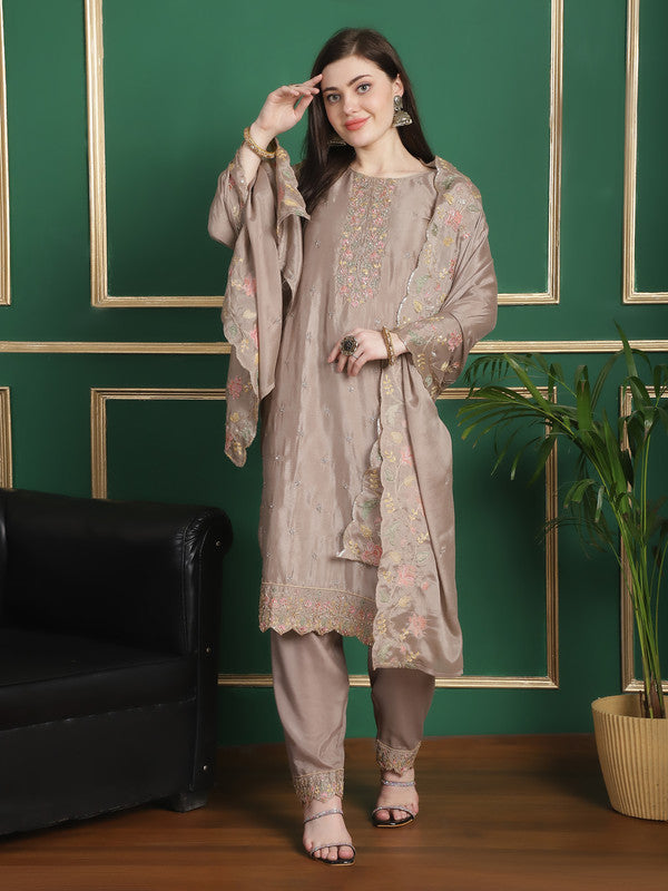 Beige Chinon Chiffon Straight Suit Set with Floral Embroidery