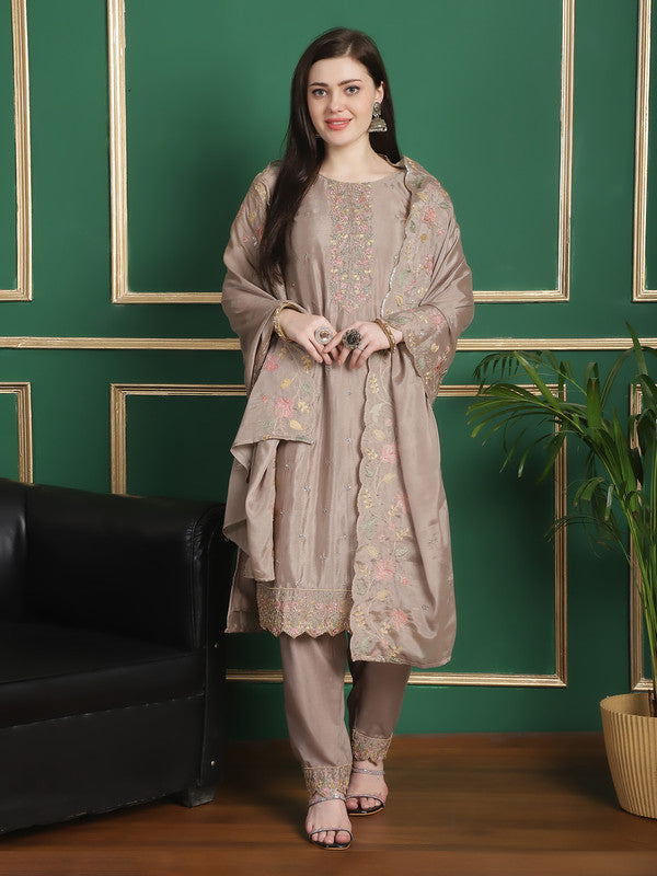 Beige Chinon Chiffon straight suit set with floral embroidery and crystal detailing