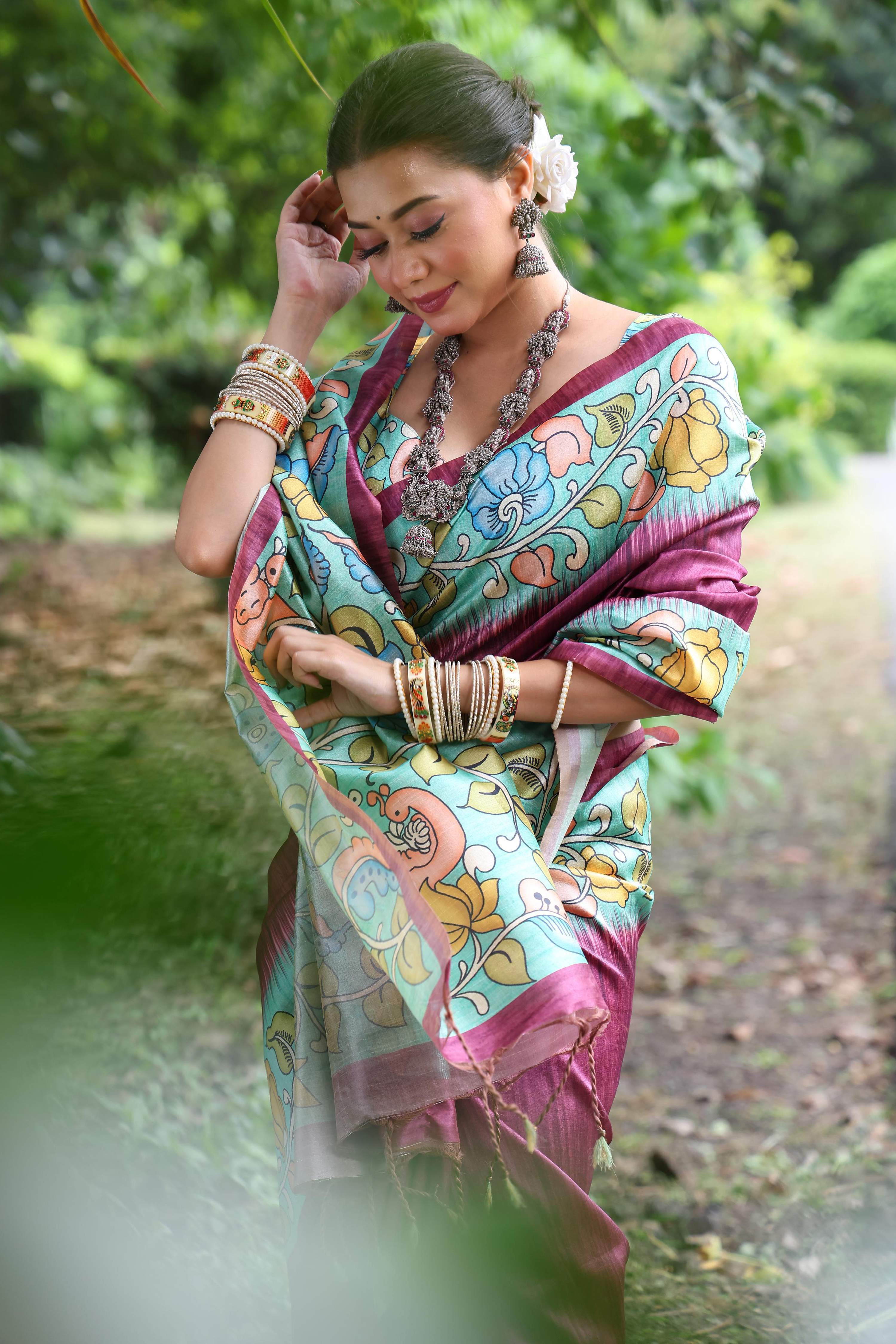 Jyoti Fashion Women's Wine Soft Tussar Silk Kalamkari Printed Designer Saree with Blouse