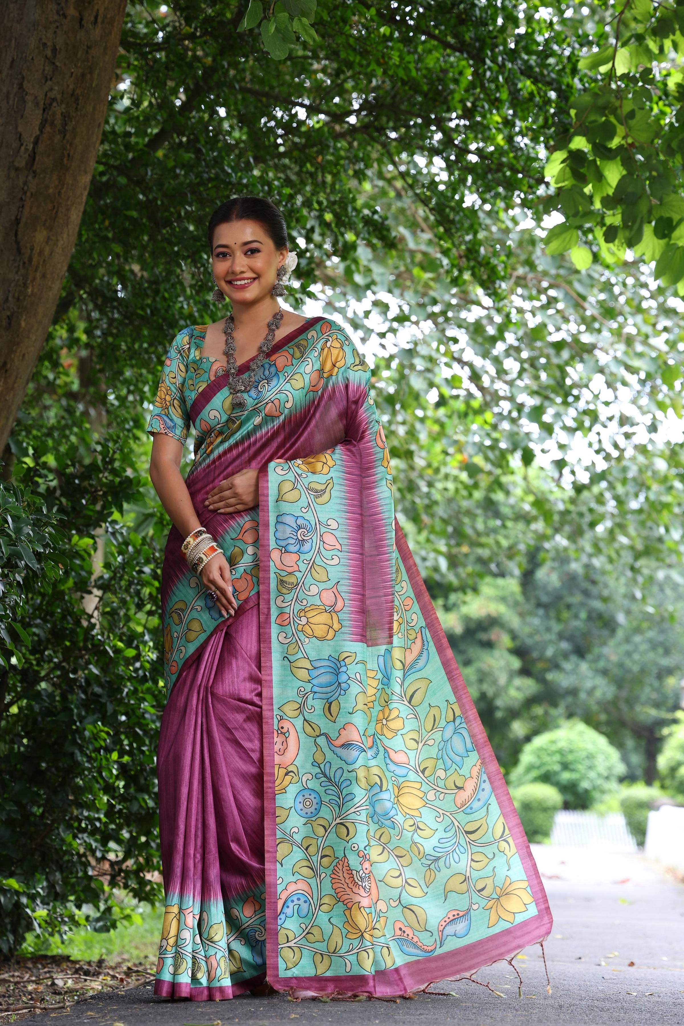Jyoti Fashion Women's Wine Soft Tussar Silk Kalamkari Printed Designer Saree with Blouse