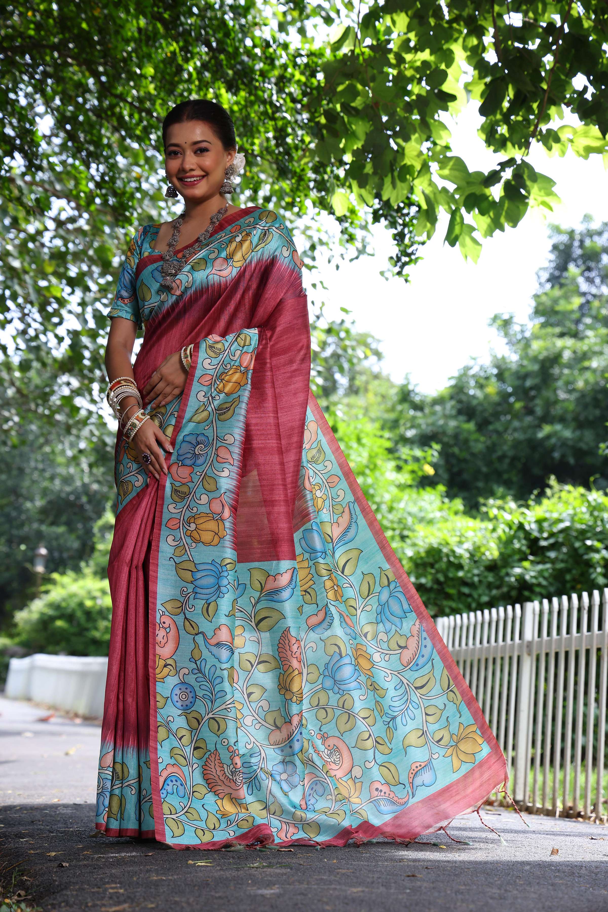 Maroon Soft Tussar Silk Kalamkari Printed Designer Saree with Blouse