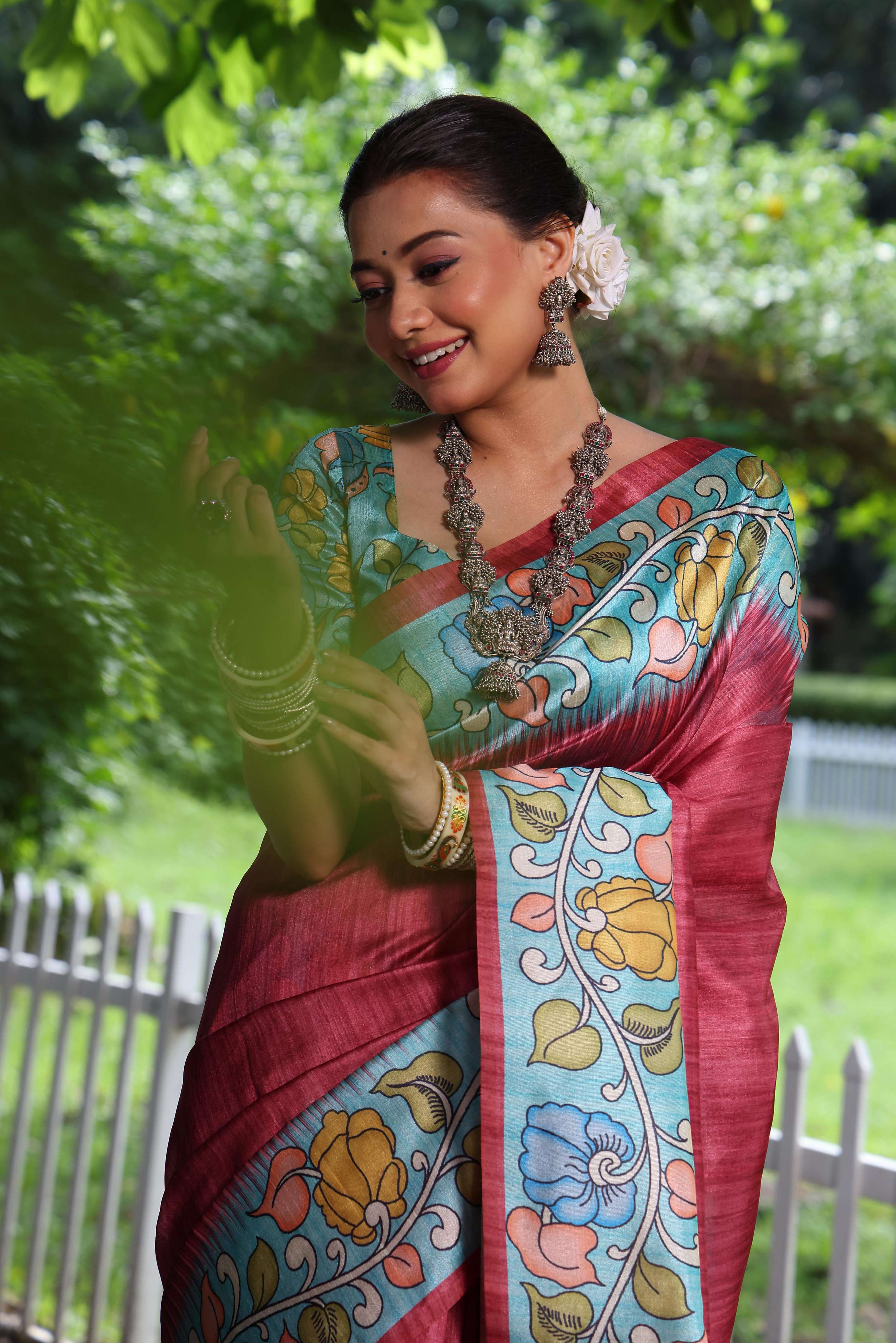 Maroon Soft Tussar Silk Kalamkari Printed Designer Saree with Blouse