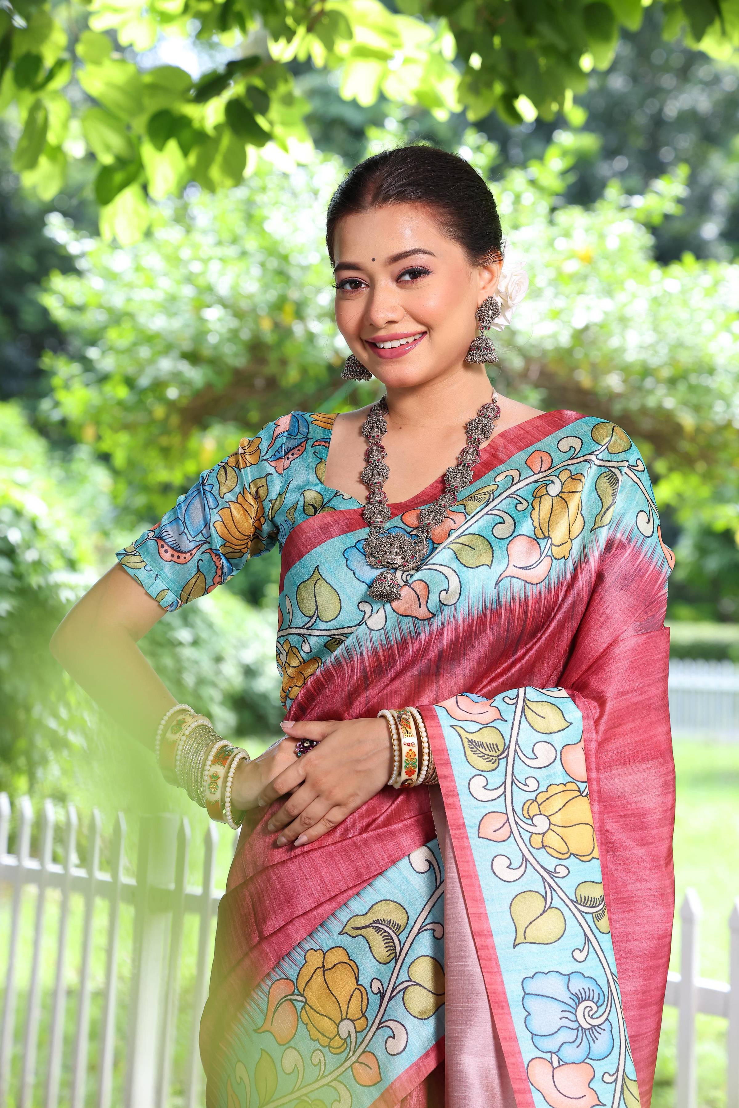 Maroon Soft Tussar Silk Kalamkari Printed Designer Saree with Blouse