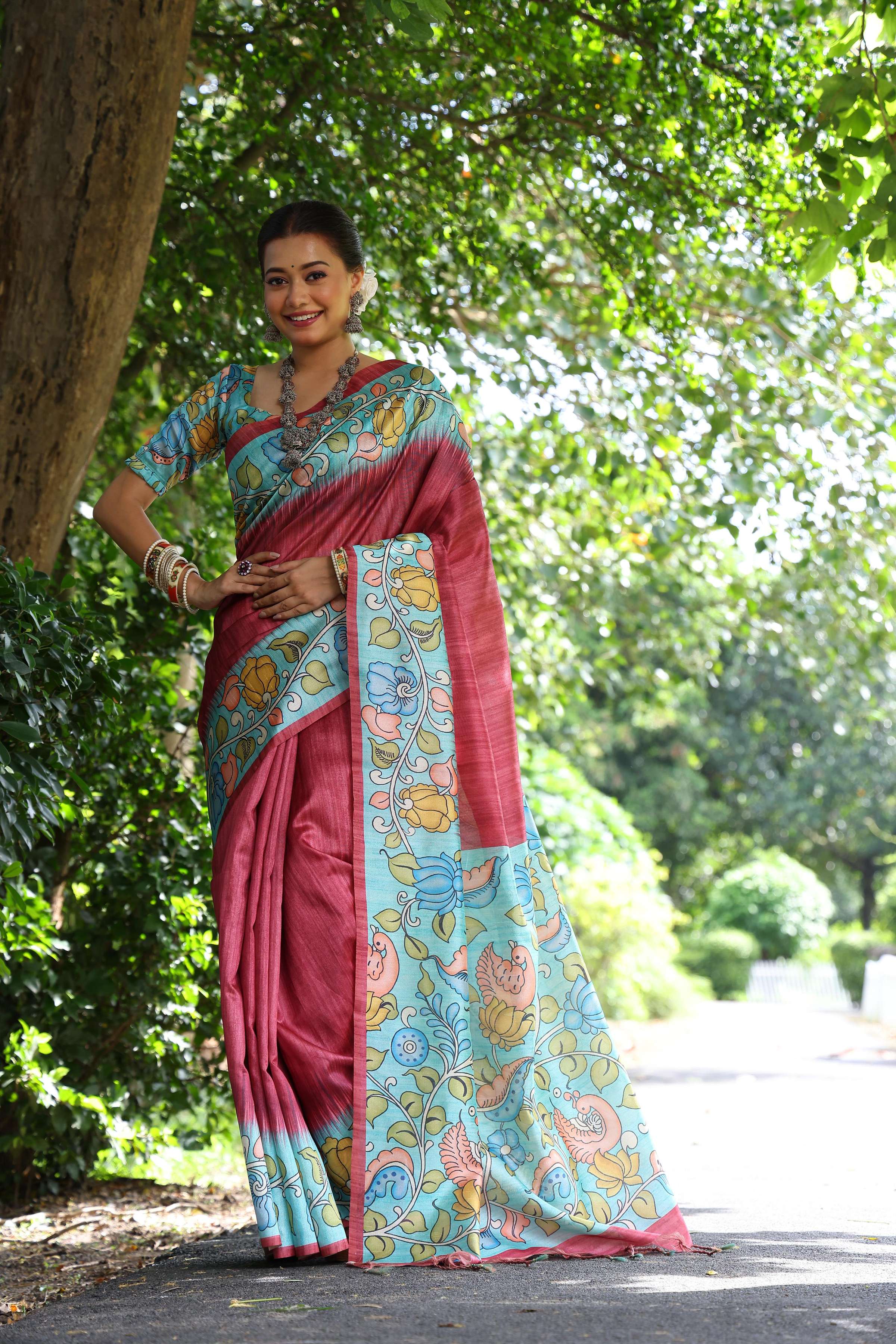 Maroon soft tussar silk saree featuring traditional Kalamkari print with matching blouse