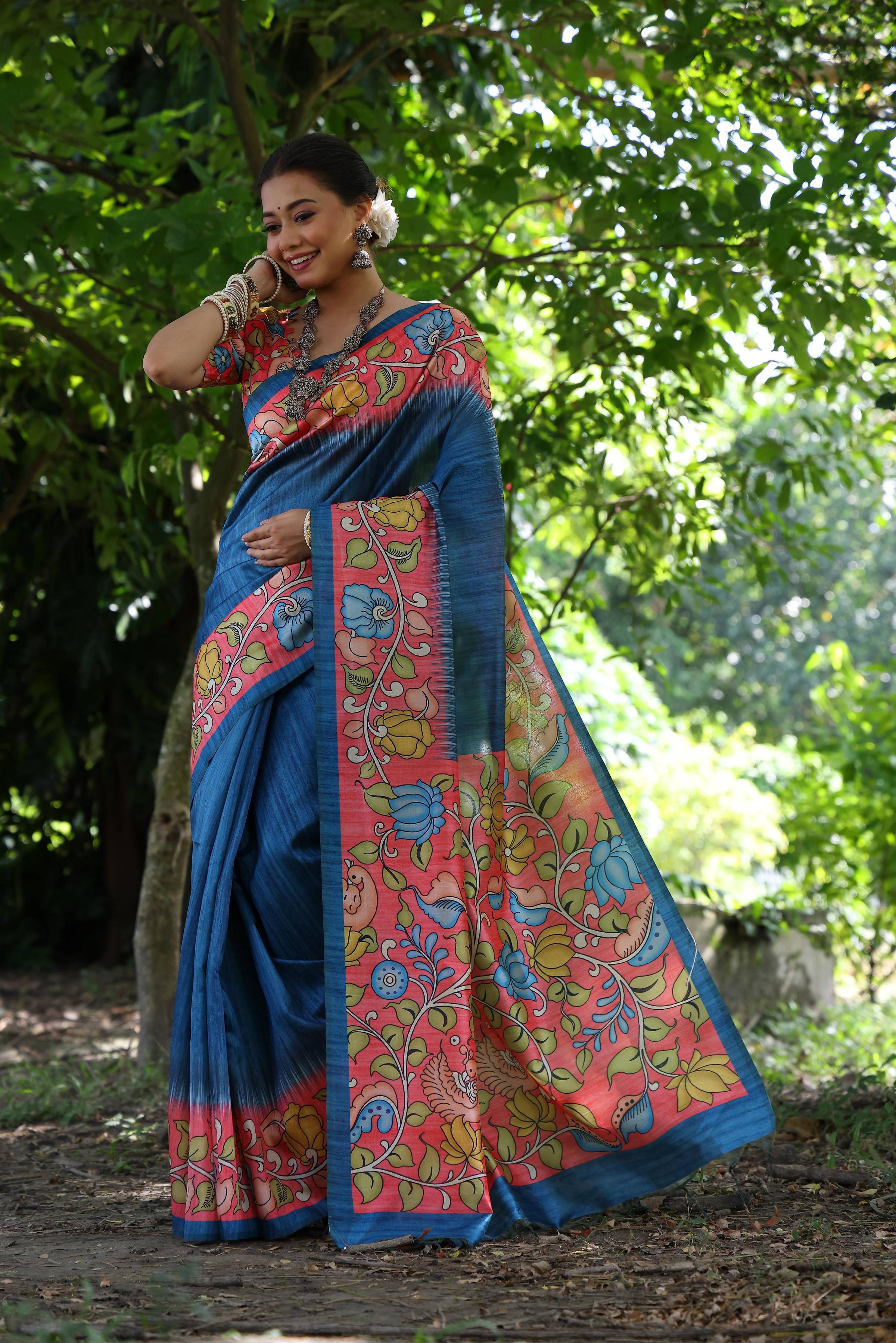 Jyoti Fashion Women's Blue Soft Tussar Silk Kalamkari Printed Designer Saree with Blouse