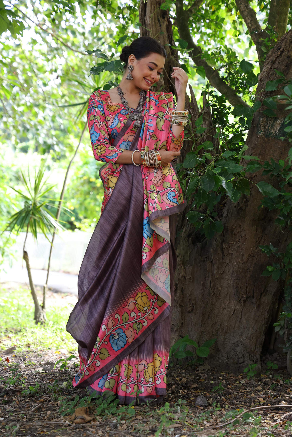 Jyoti Fashion Women's Black Soft Tussar Silk Kalamkari Printed Designer Saree with Blouse