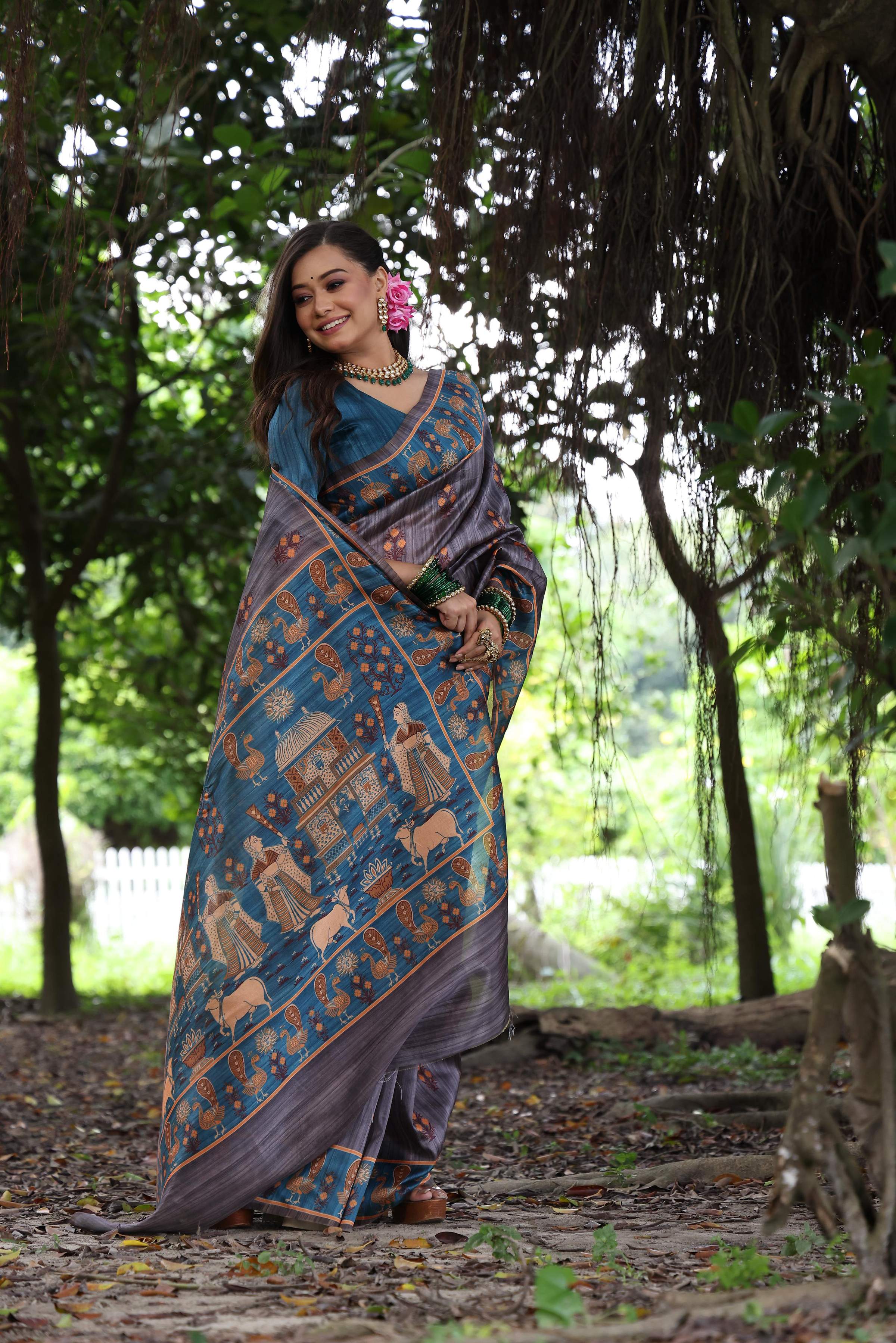 Jyoti Fashion Women's Gajri Red Soft Tussar Silk Peacock Printed Designer Saree with Blouse
