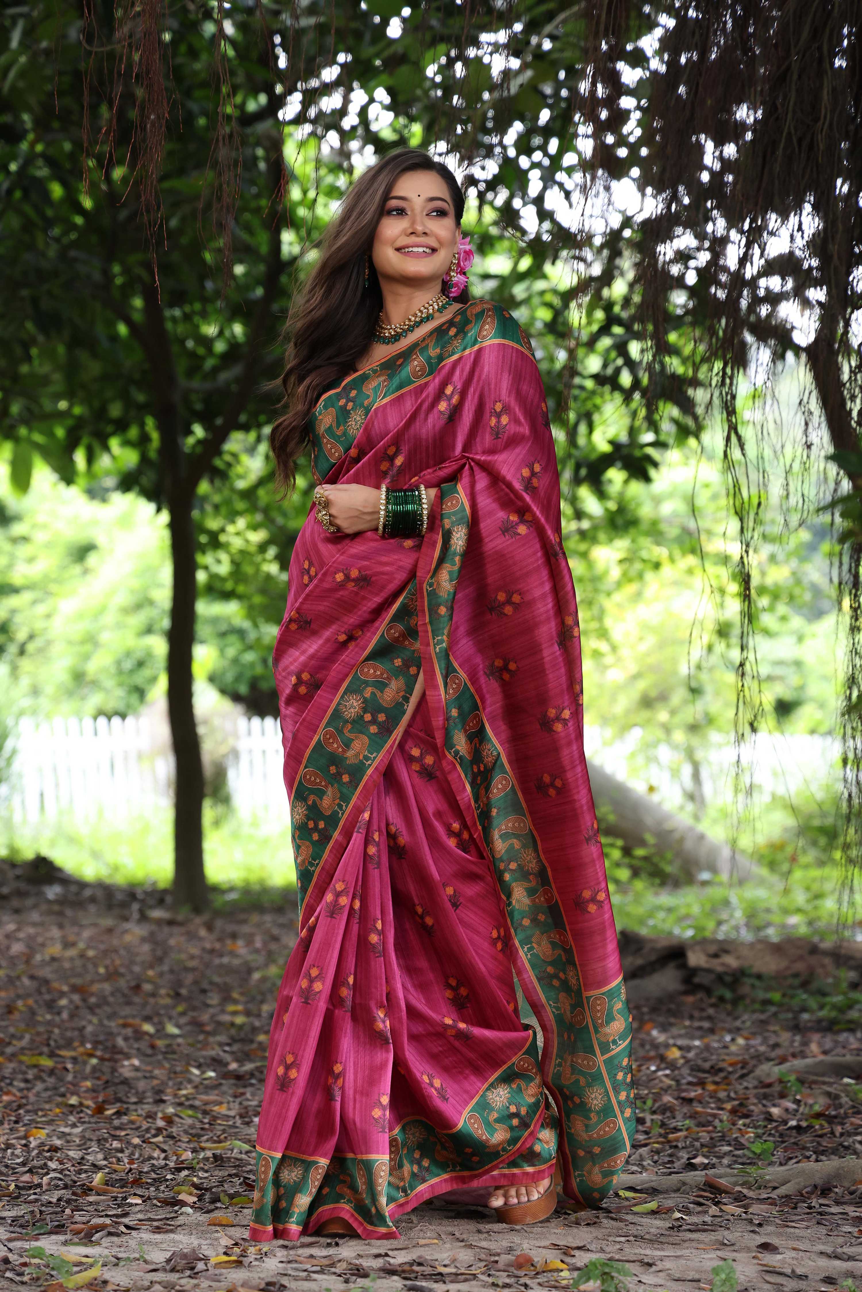 Grey Soft Tussar Silk Peacock Printed Designer Saree with Blouse