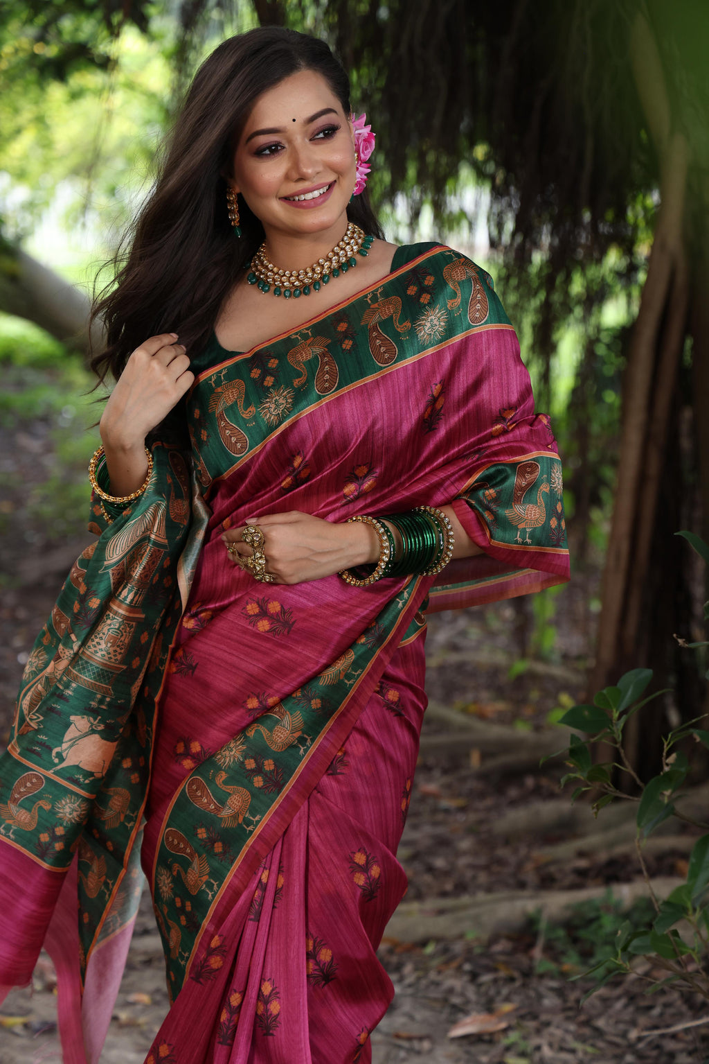 Grey Soft Tussar Silk Peacock Printed Designer Saree with Blouse