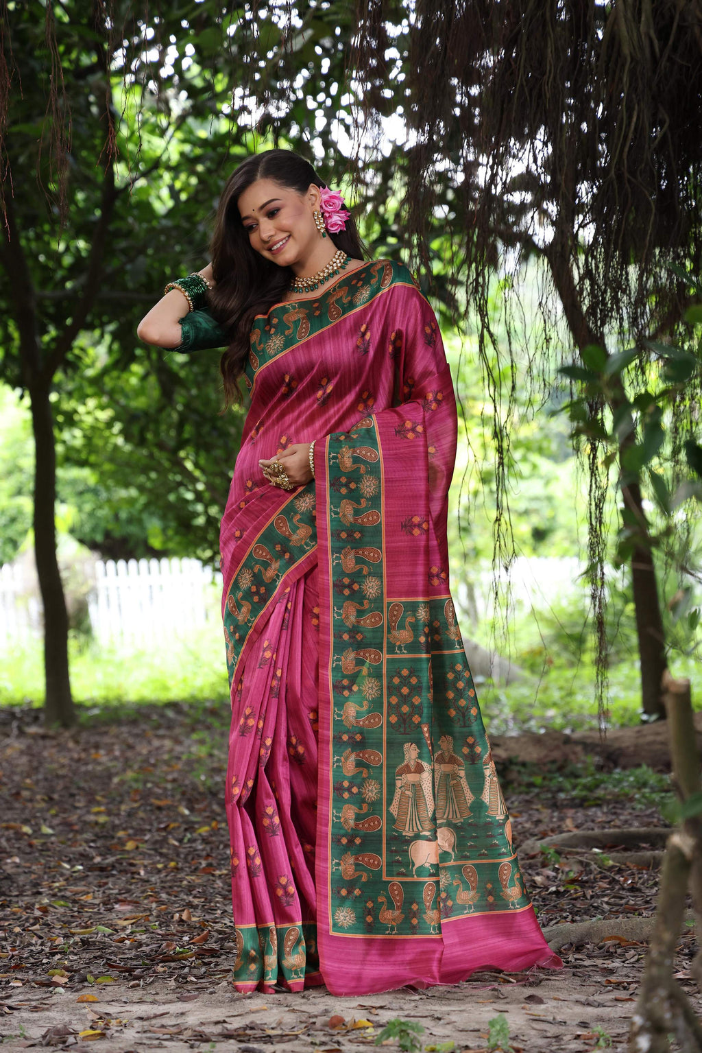 Grey soft tussar silk saree with artistic peacock prints and matching blouse