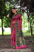 Grey soft tussar silk saree with artistic peacock prints and matching blouse