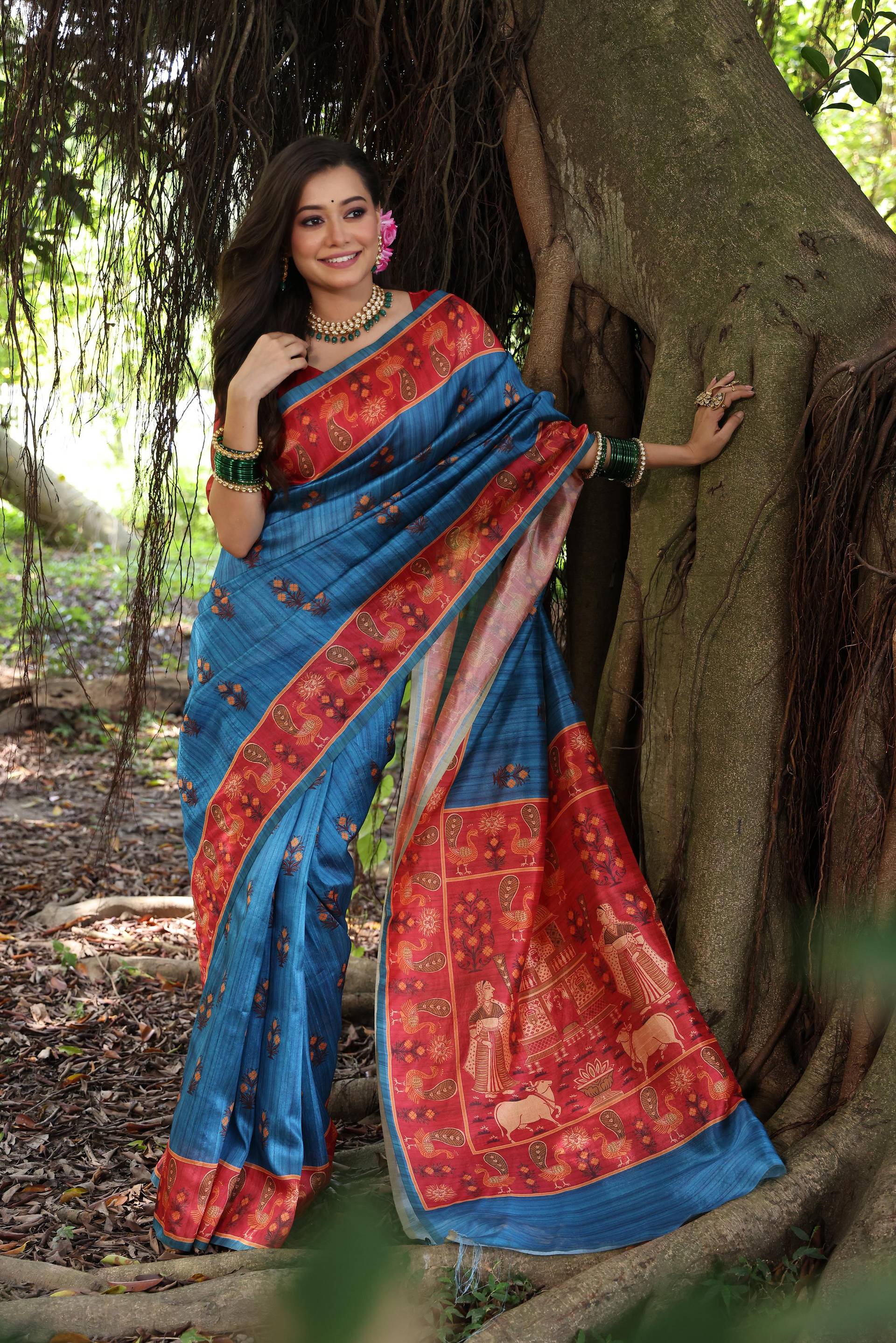 Wine Soft Tussar Silk Saree with Elegant Peacock Prints and Blouse