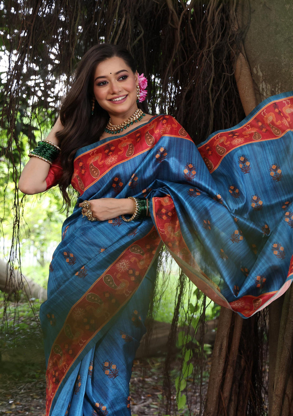 Wine Soft Tussar Silk Saree with Elegant Peacock Prints and Blouse