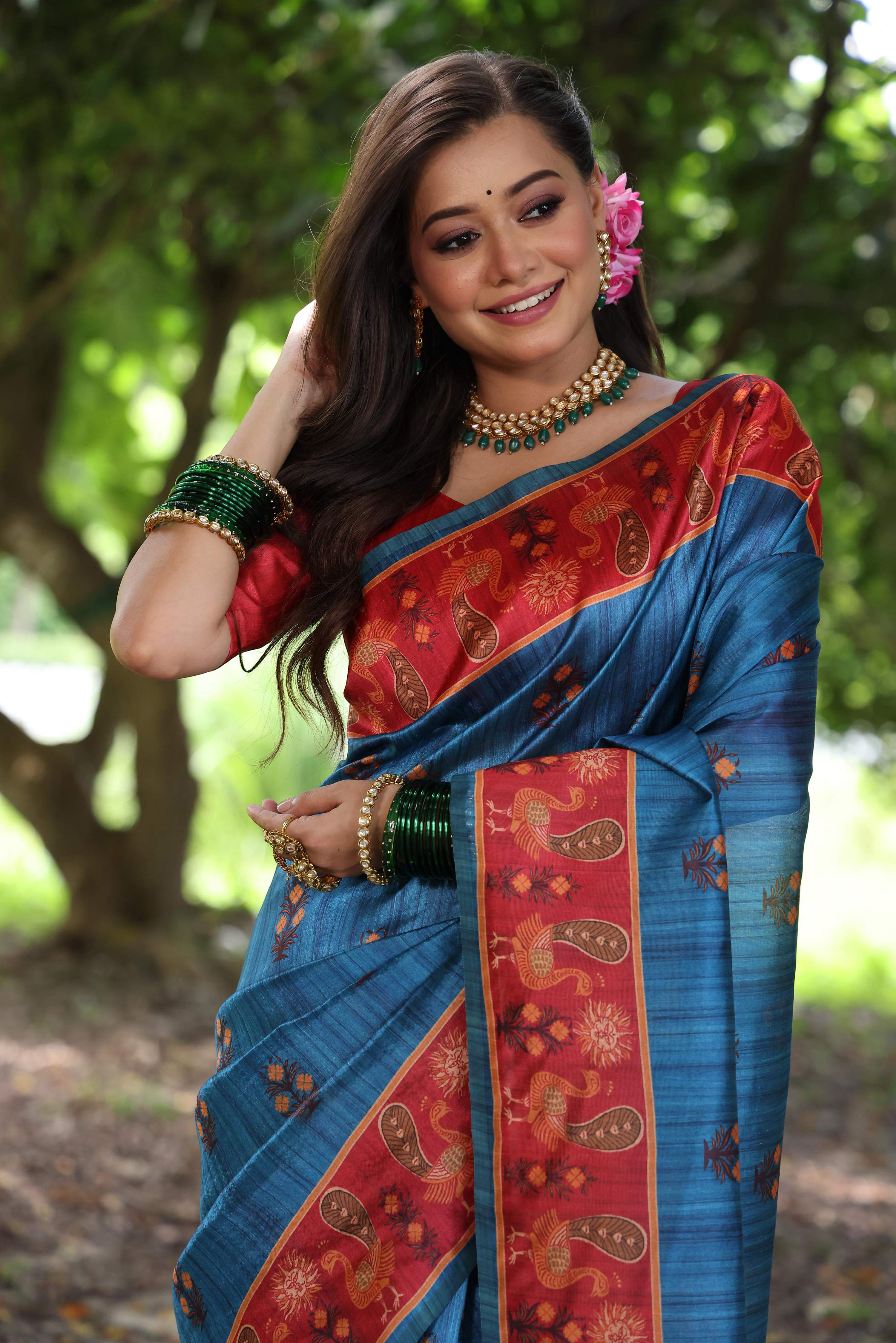 Wine Soft Tussar Silk Saree with Elegant Peacock Prints and Blouse