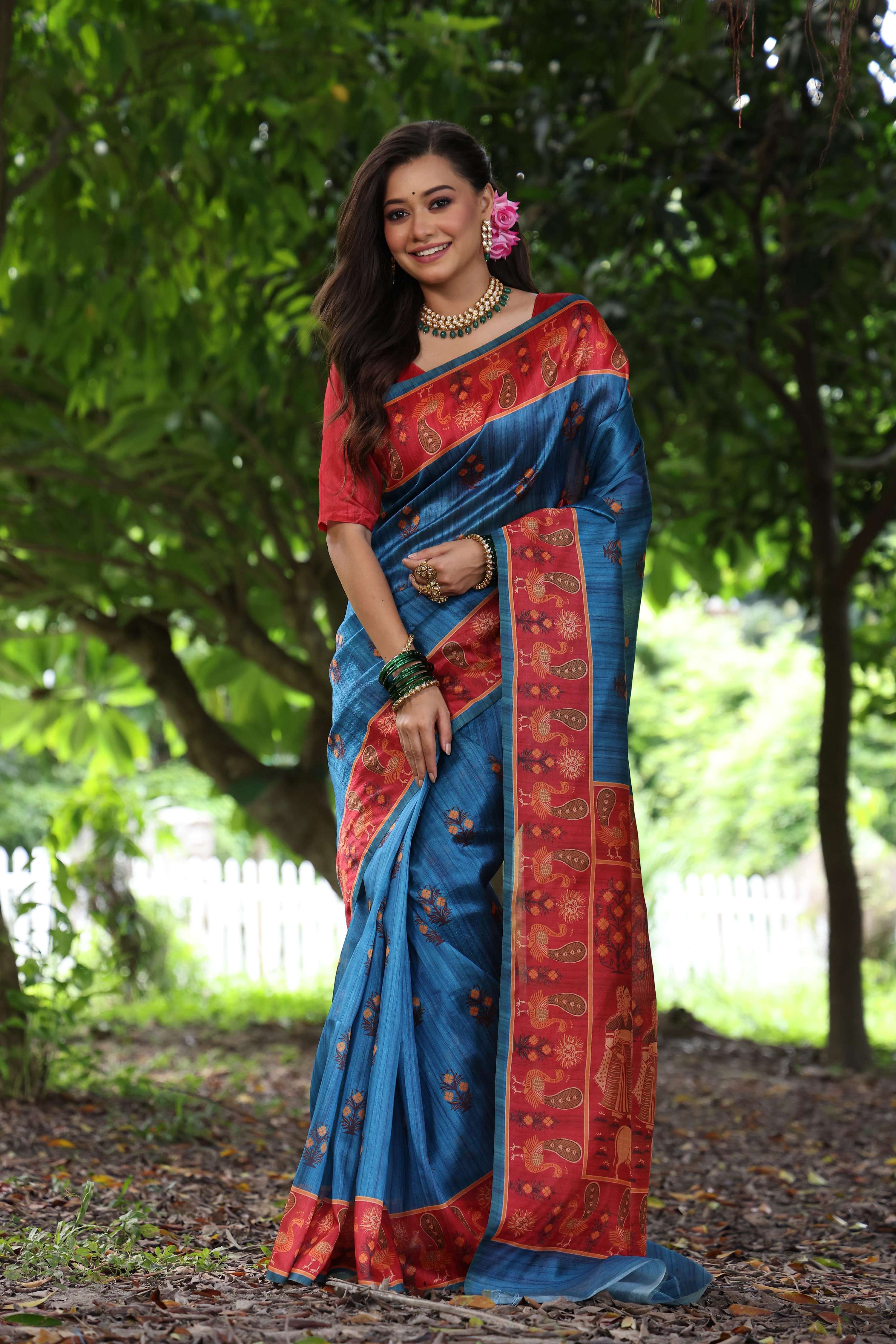 Elegant wine colored Tussar silk saree with peacock prints and matching blouse