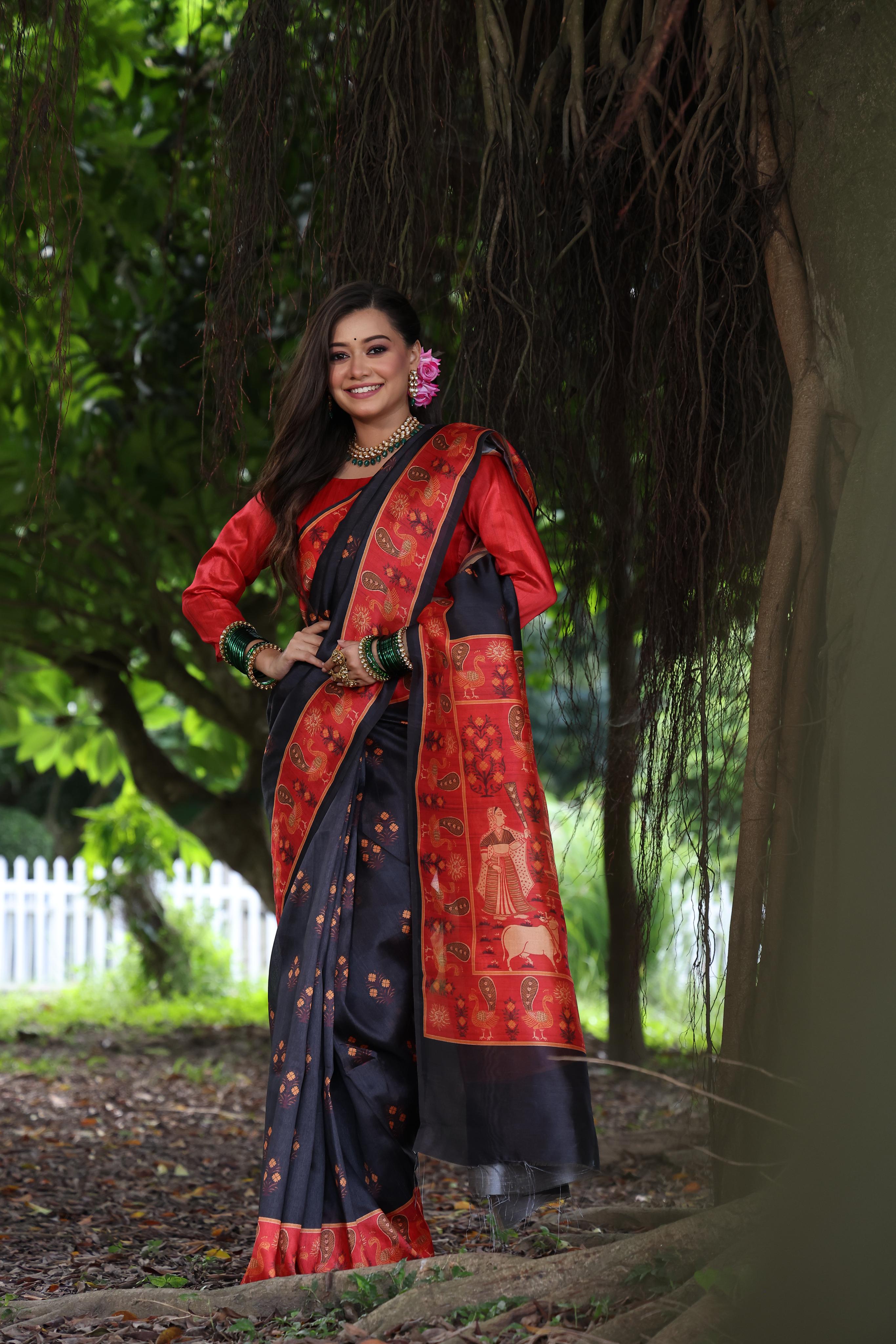 Jyoti Fashion Women's Blue Soft Tussar Silk Peacock Printed Designer Saree with Blouse