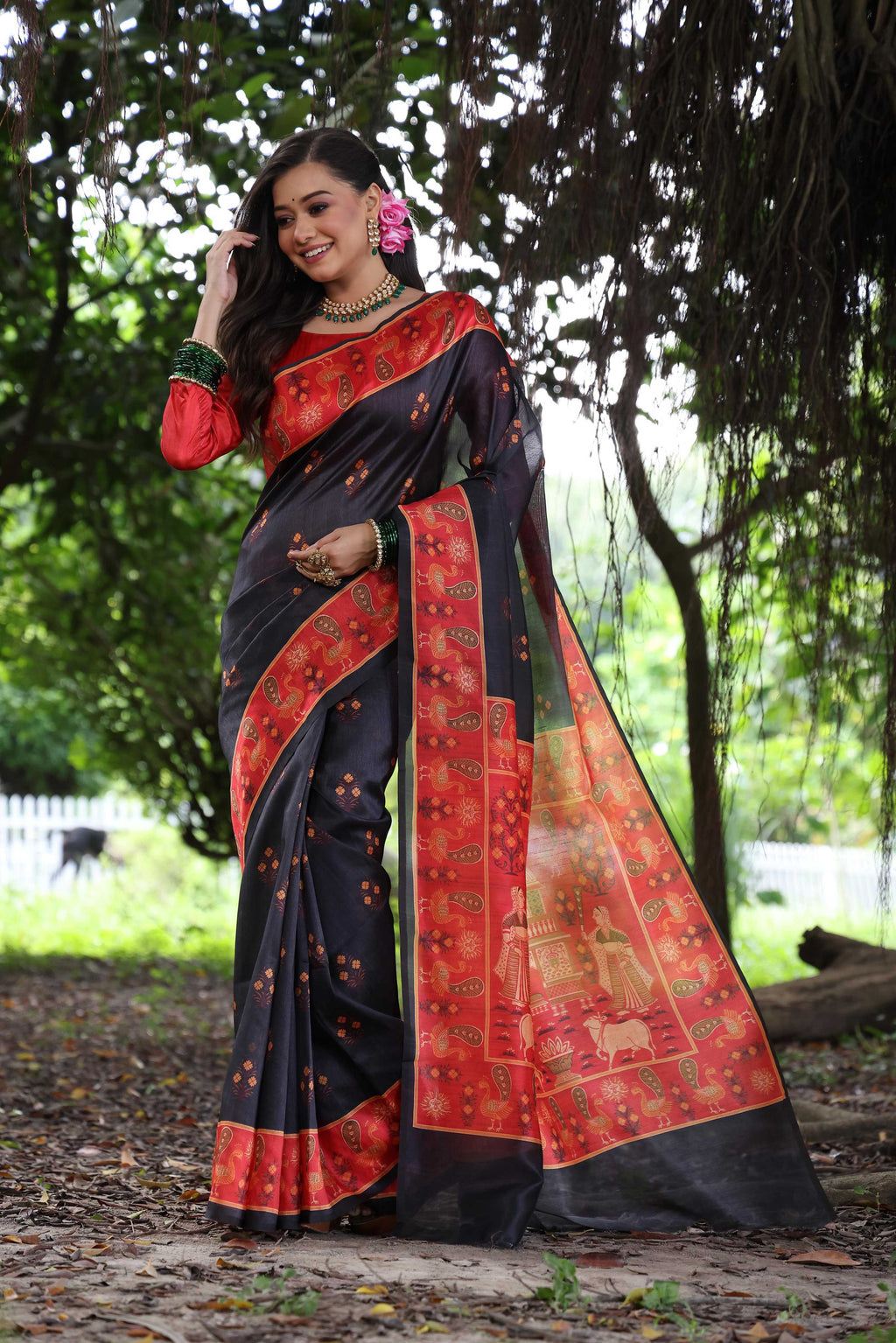 Jyoti Fashion Women's Blue Soft Tussar Silk Peacock Printed Designer Saree with Blouse