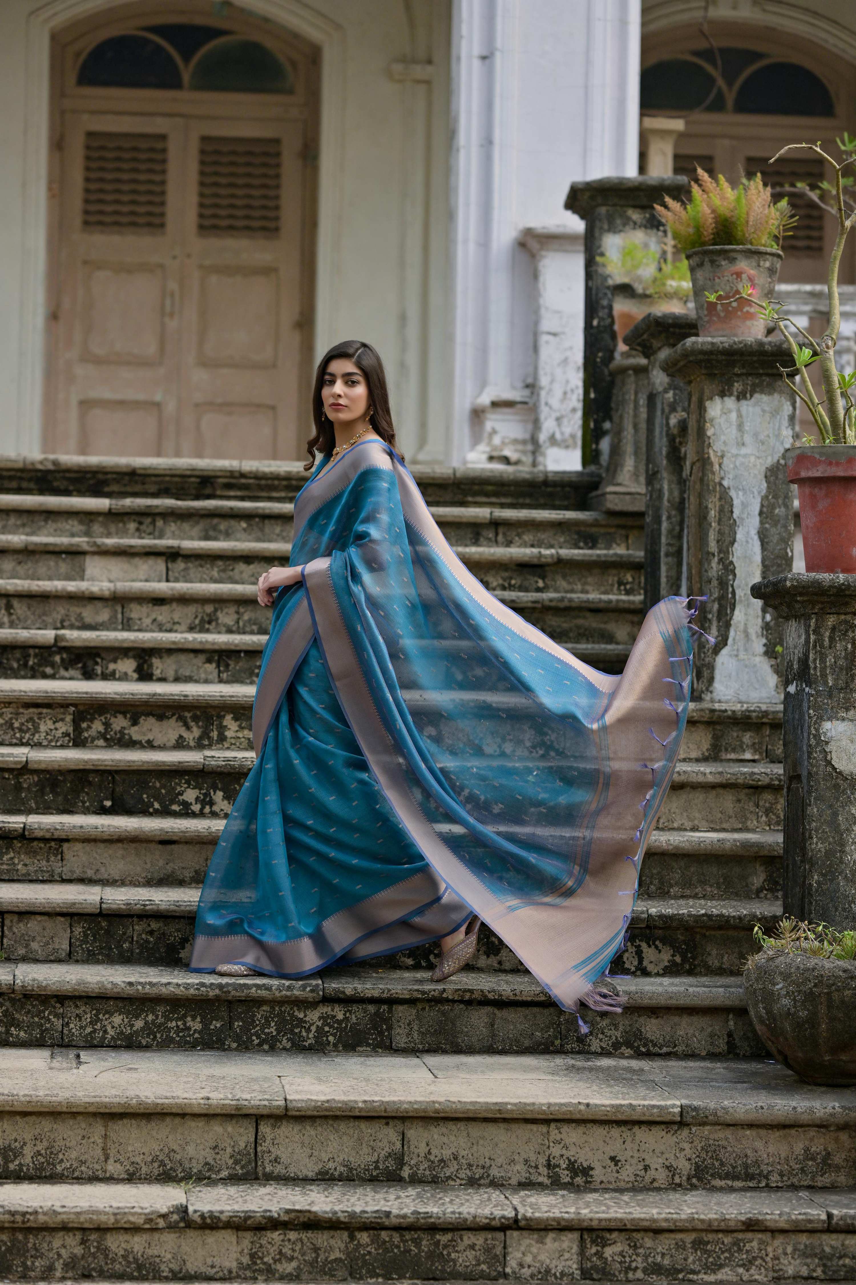 Firozi Soft Kalyani Silk Saree with Zari Woven Border and Blouse