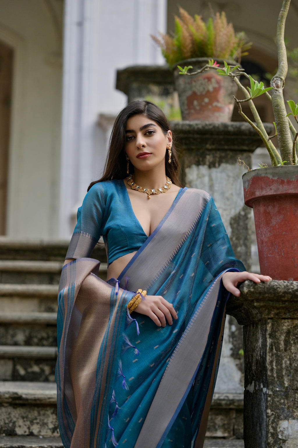 Firozi Soft Kalyani Silk Saree with Zari Woven Border and Blouse