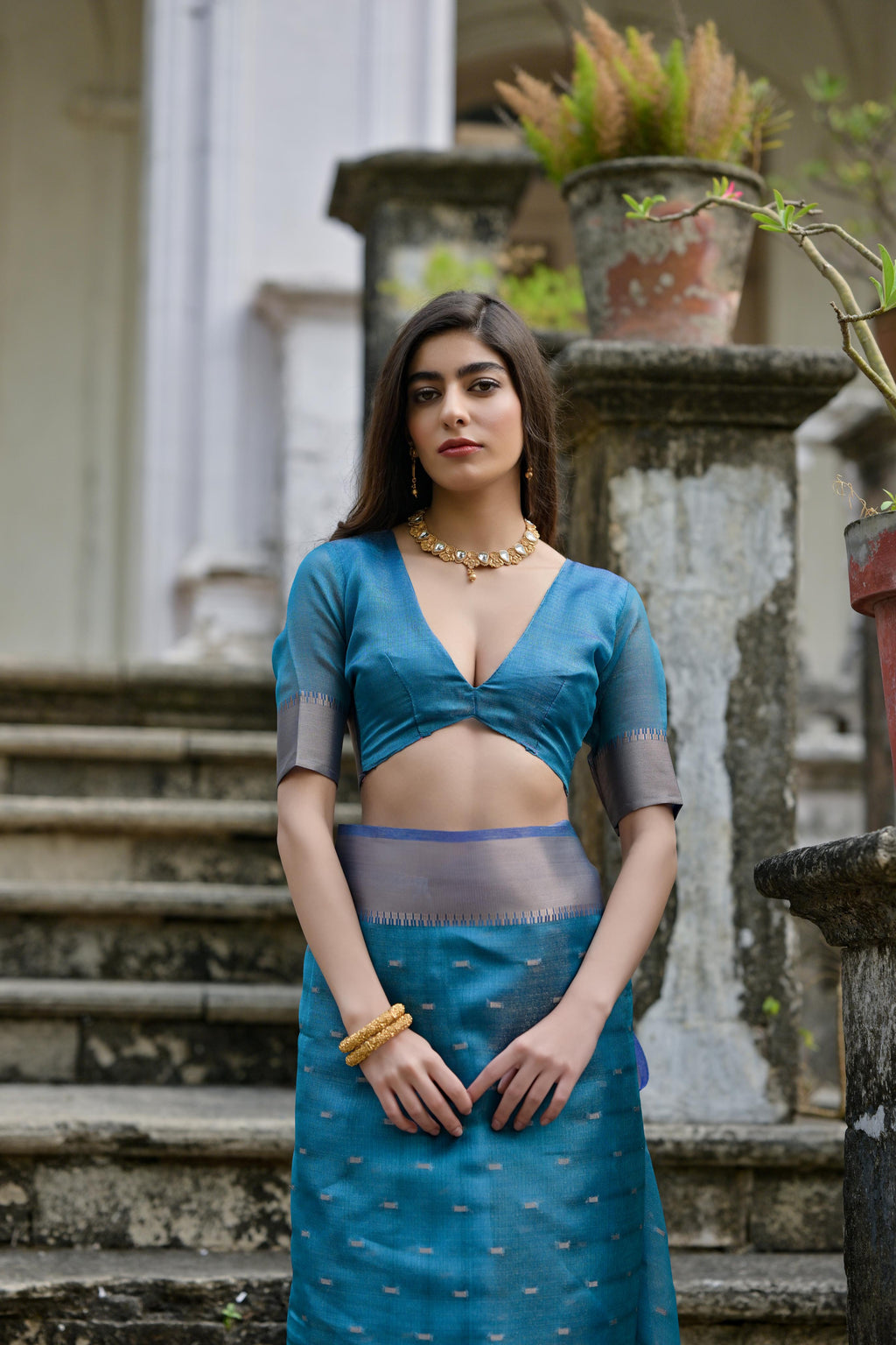 Firozi Soft Kalyani Silk Saree with Zari Woven Border and Blouse