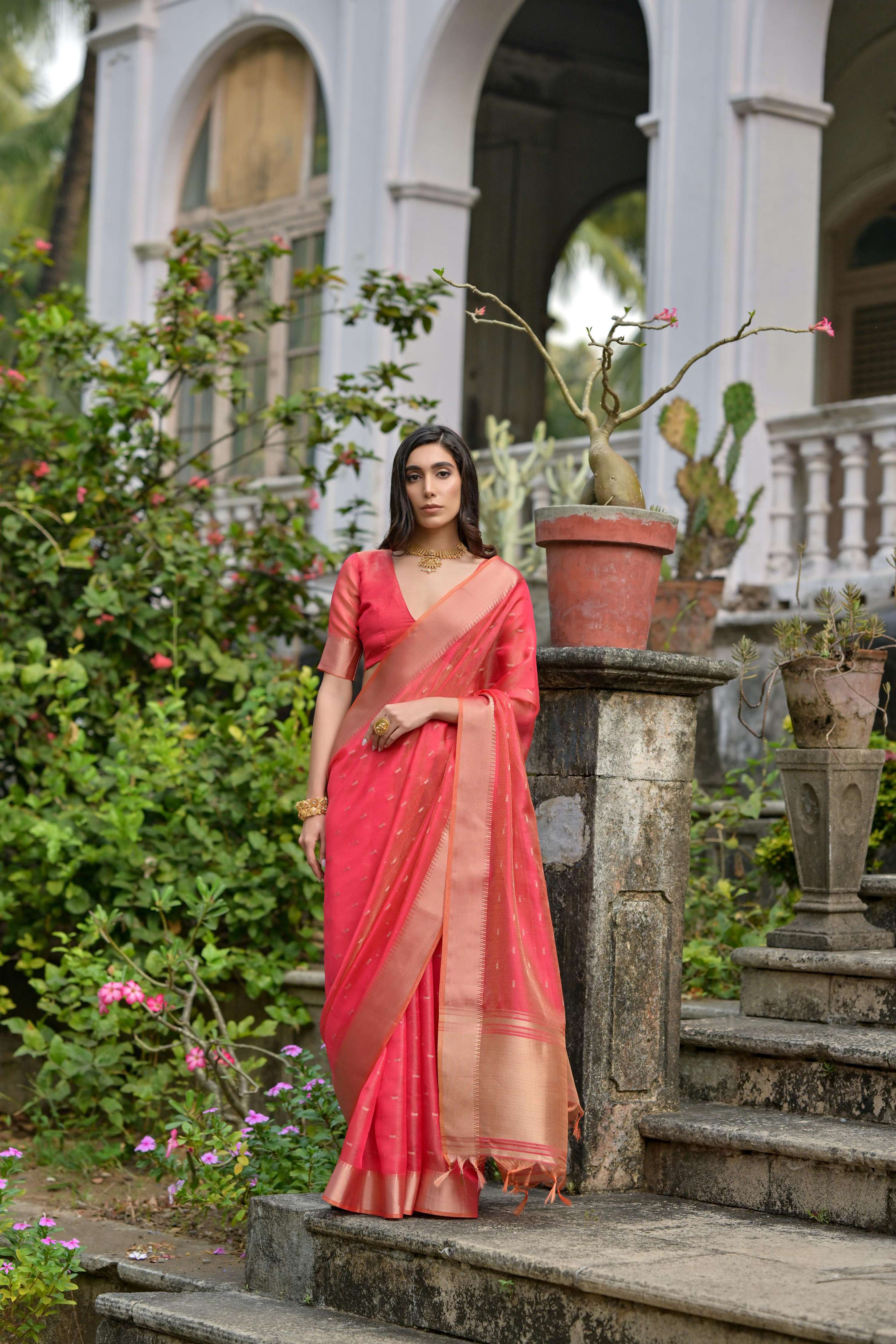 Coral soft kalyani silk designer saree with gold zari woven work