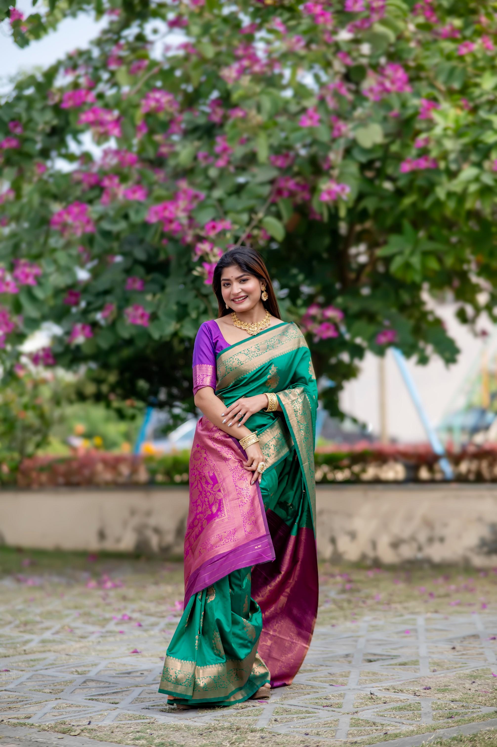 Rama Soft Banarasi Silk Zari Woven Saree with Blouse