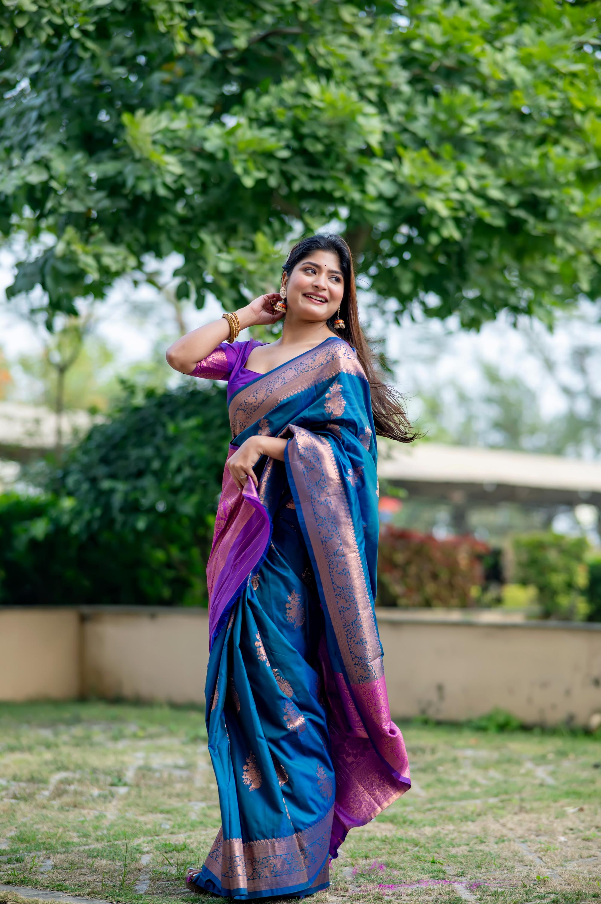 Blue Soft Banarasi Silk Zari Woven Saree with Matching Blouse