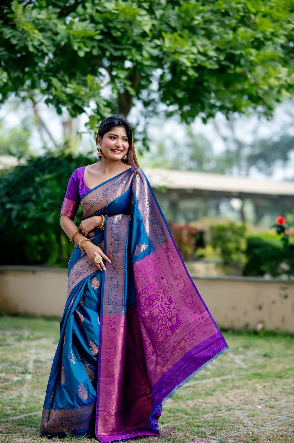 Blue Soft Banarasi Silk Zari Woven Saree with Matching Blouse