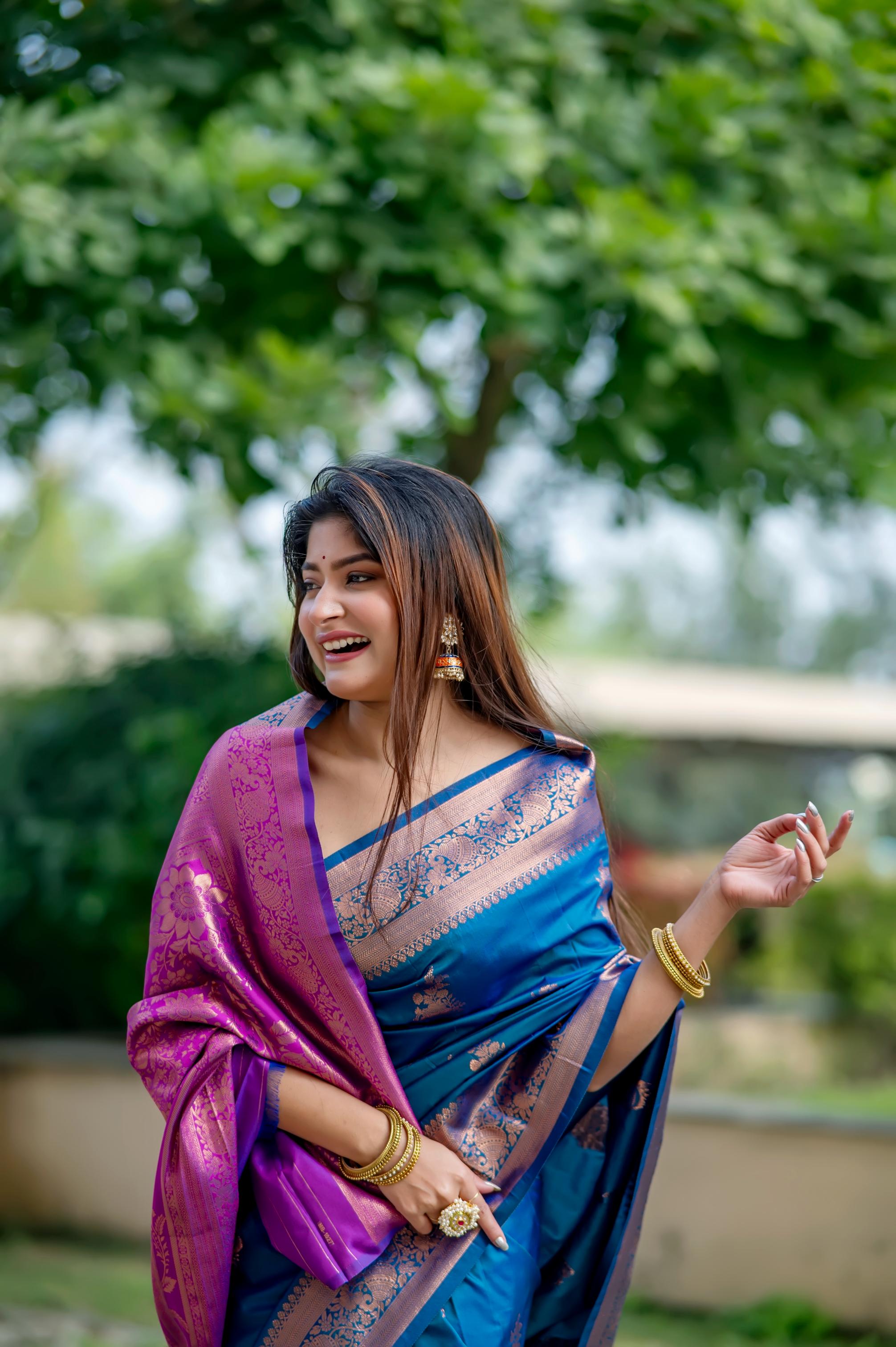 Blue Soft Banarasi Silk Zari Woven Saree with Matching Blouse