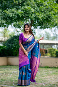 Blue Banarasi silk saree with gold Zari woven pattern and matching blouse piece