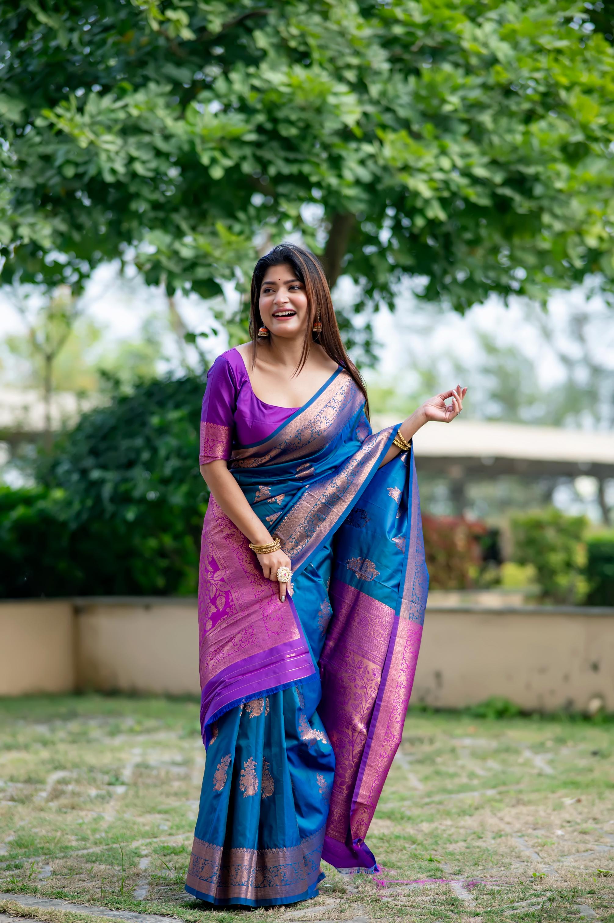 Blue Banarasi silk saree with gold Zari woven pattern and matching blouse piece