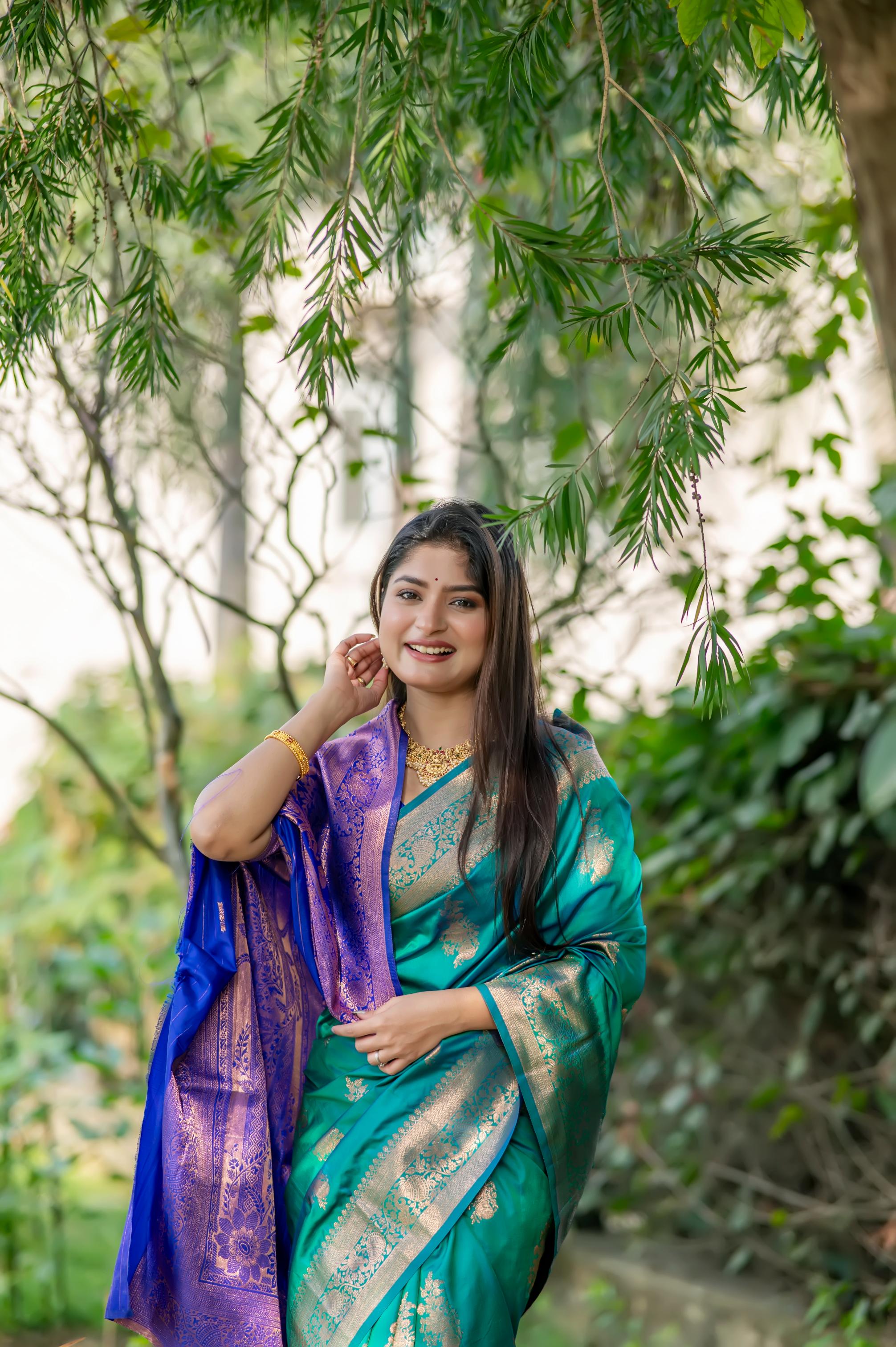 Turquoise Soft Banarasi Silk Zari Woven Saree with Blouse