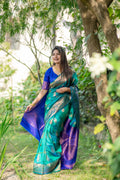 Turquoise soft Banarasi silk saree with delicate gold zari weaving